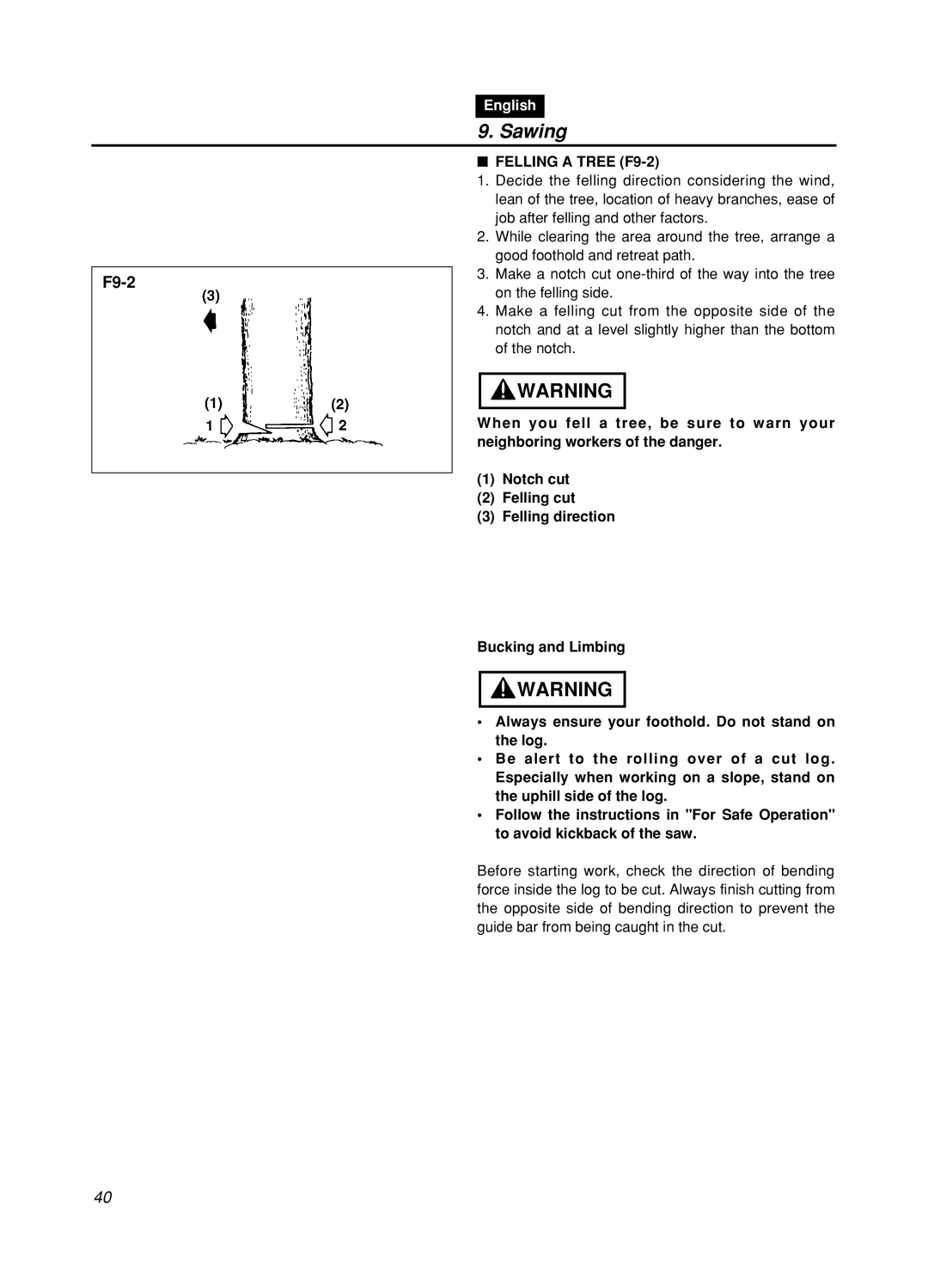 Zenoah GZ400 manual Sawing, F9-2, English 