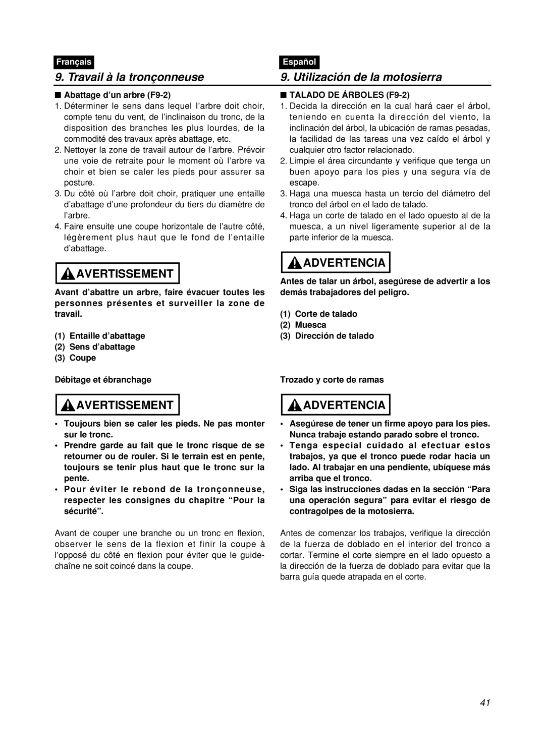 Zenoah GZ400 manual Travail à la tronçonneuse, Utilización de la motosierra, Avertissement, Advertencia, Français, Español 