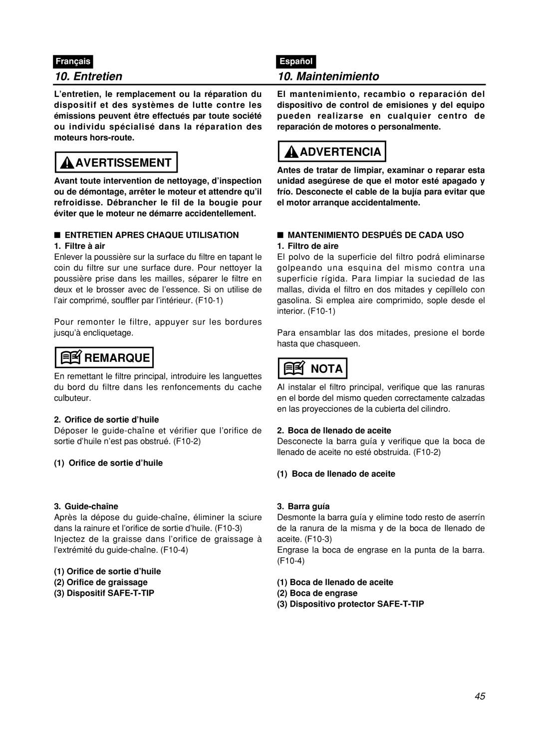 Zenoah GZ400 manual Entretien, Maintenimiento, Avertissement, Advertencia, Remarque, Nota, Français, Español 