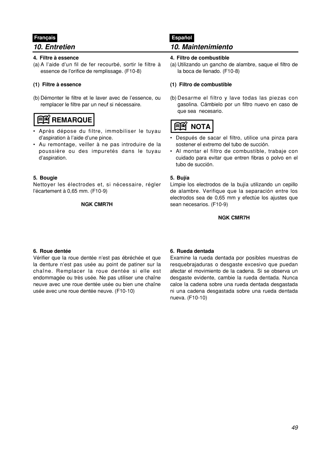Zenoah GZ400 manual Entretien, Maintenimiento, Remarque, Nota, Français, Español 