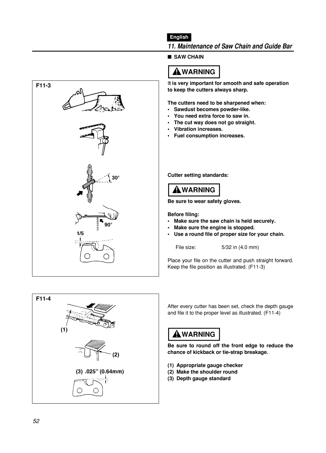 Zenoah GZ400 manual Maintenance of Saw Chain and Guide Bar, F11-3 F11-4, English 