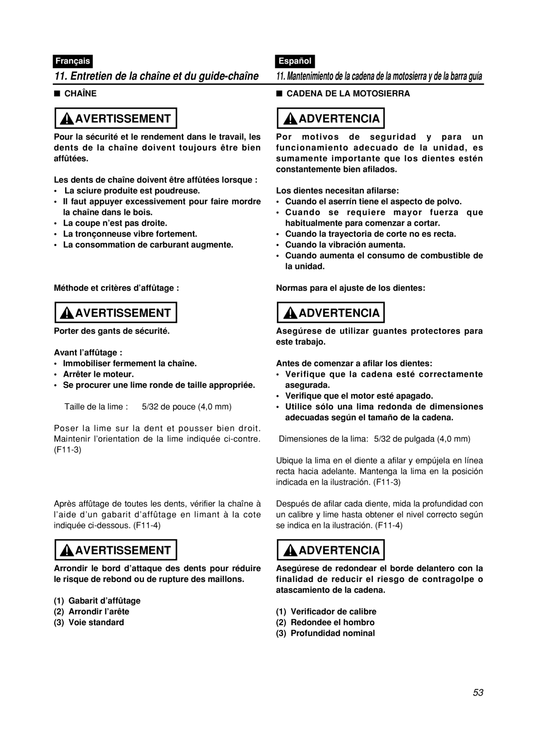 Zenoah GZ400 manual Entretien de la chaîne et du guide-chaîne, Avertissement, Advertencia, Français, Español, Chaîne 