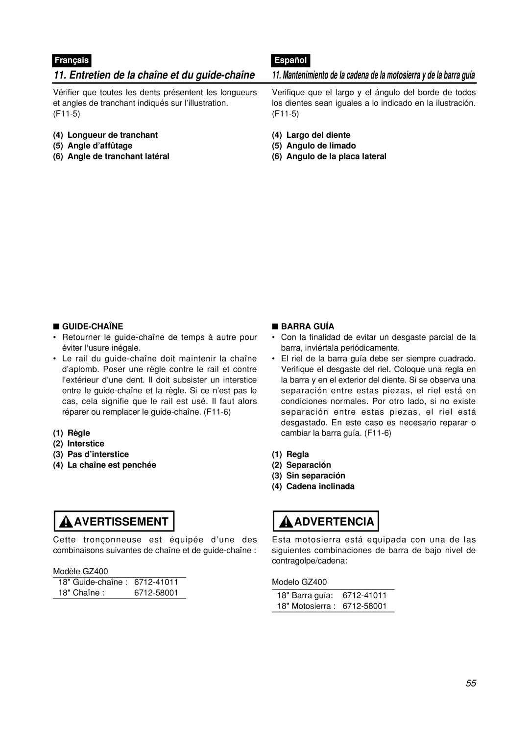 Zenoah GZ400 manual Avertissement, Advertencia, Entretien de la chaîne et du guide-chaîne, Français, Español 