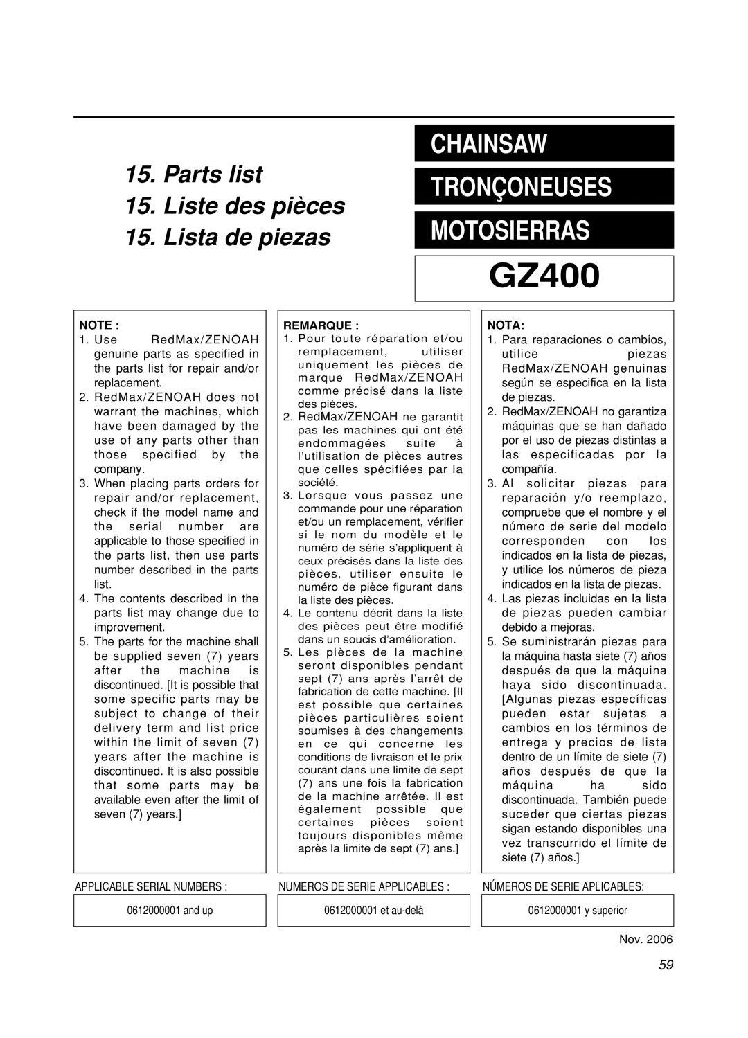Zenoah GZ400 manual Chainsaw, Motosierras, Parts list, Liste des pièces, Lista de piezas, Tronçoneuses 
