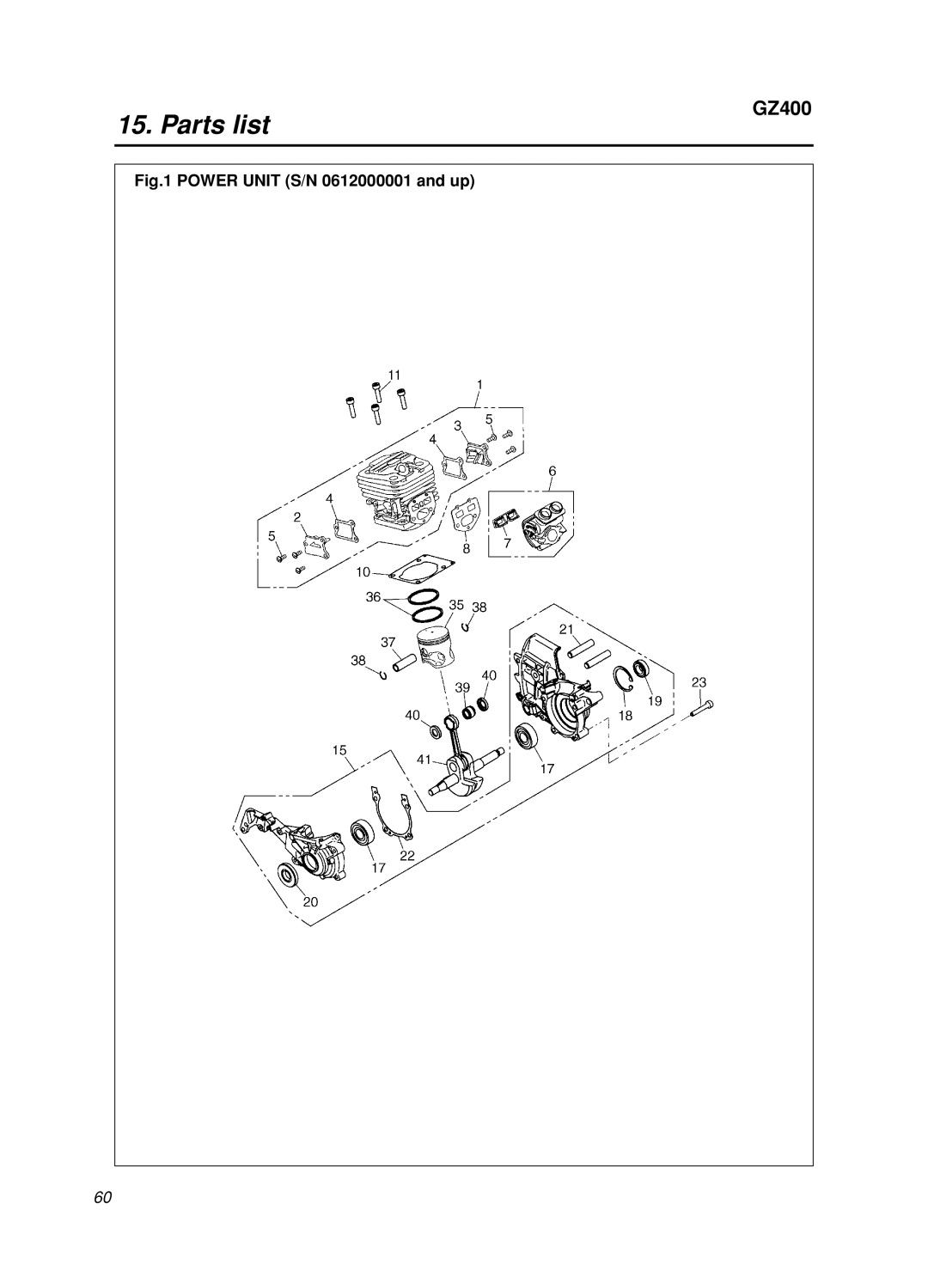 Zenoah GZ400 manual Parts list, POWER UNIT S/N 0612000001 and up 