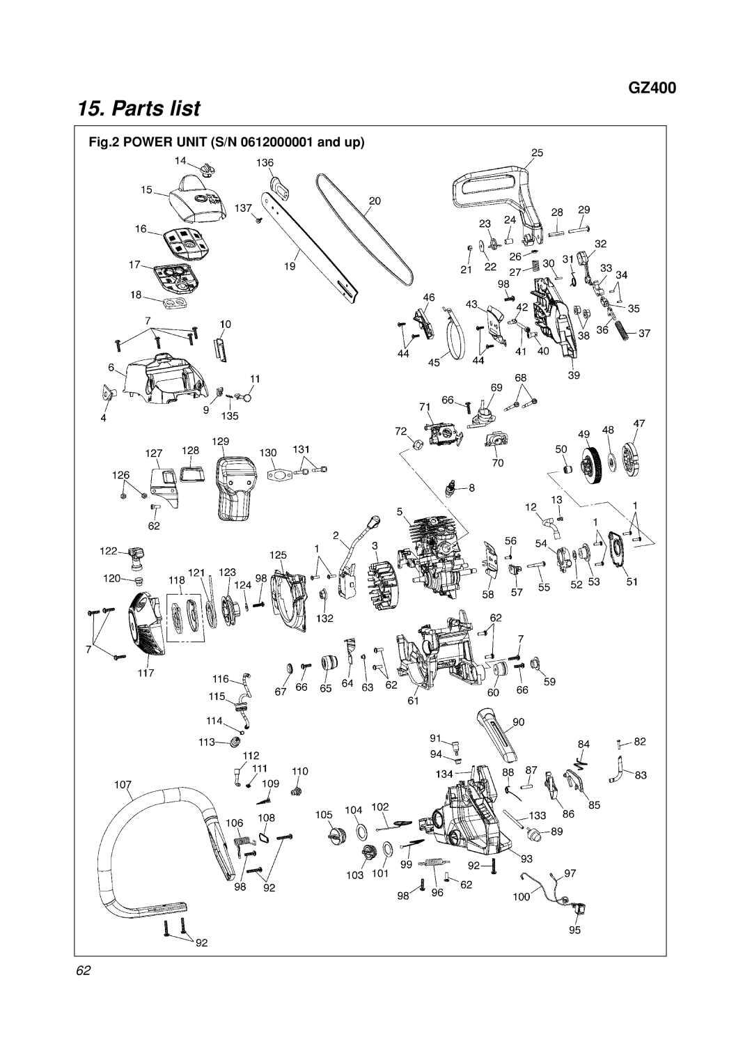Zenoah GZ400 manual Parts list, POWER UNIT S/N 0612000001 and up 