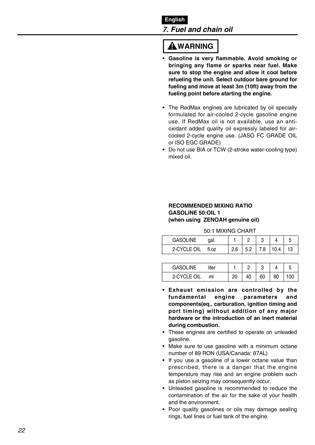 Zenoah GZ4500 manual Fuel and chain oil, Recommended Mixing Ratio Gasoline 50OIL, When using Zenoah genuine oil 