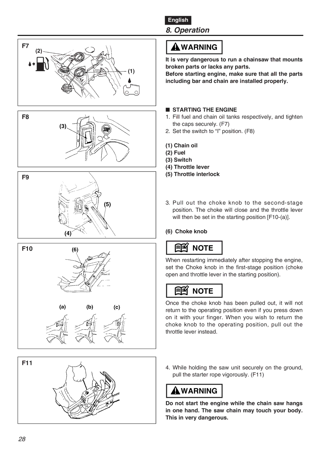 Zenoah GZ4500 manual Operation, Starting the Engine, Chain oil Fuel Switch Throttle lever Throttle interlock, Choke knob 