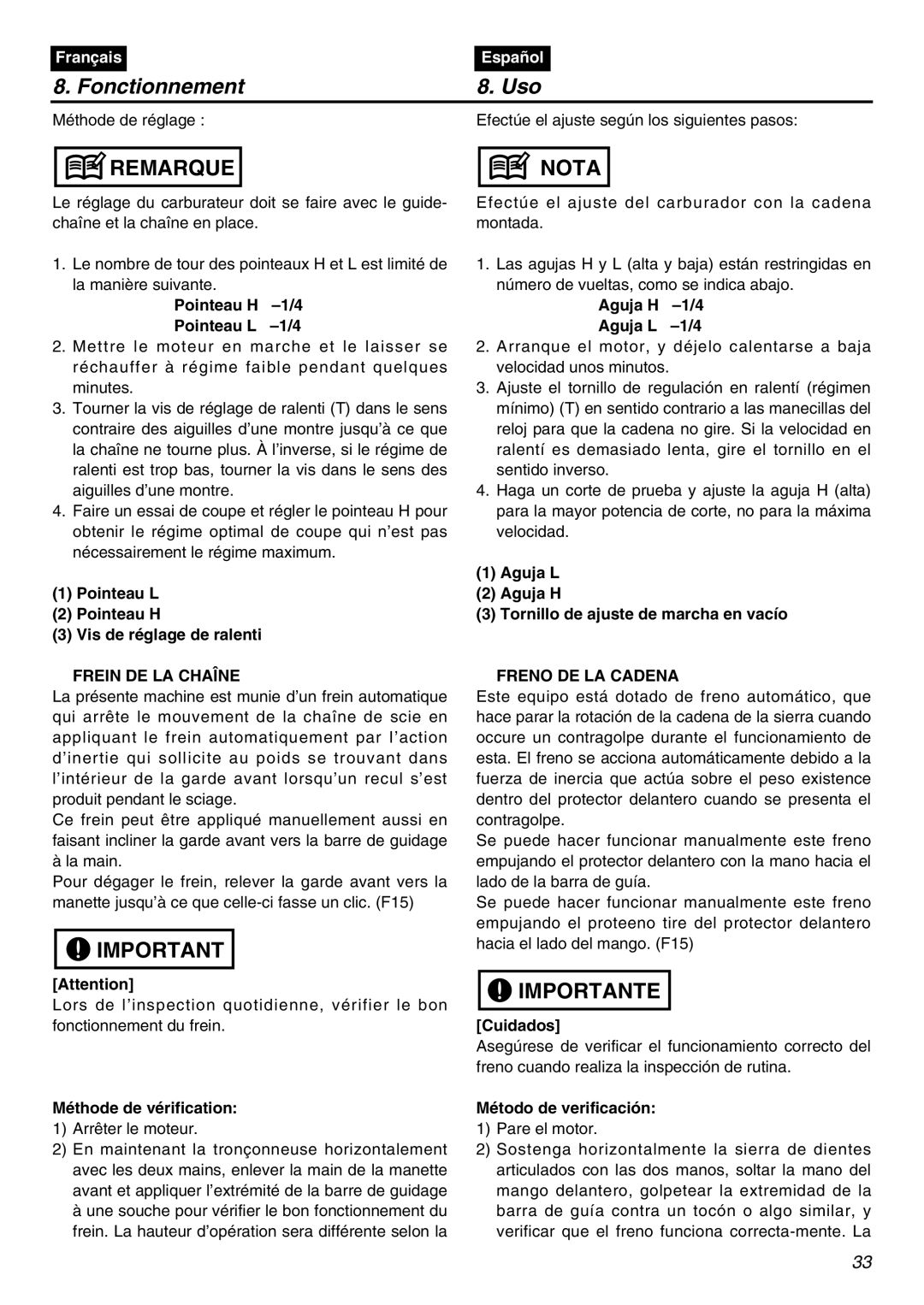 Zenoah GZ4500 manual Frein DE LA Chaîne, Freno DE LA Cadena 