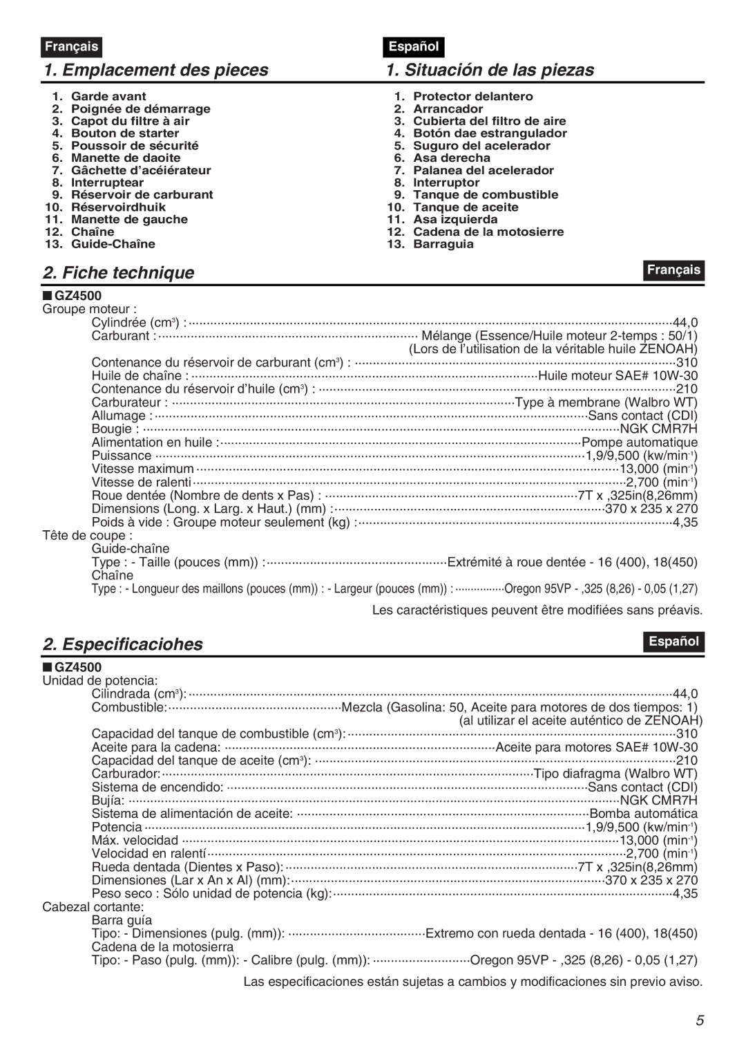 Zenoah manual Emplacement des pieces Situación de las piezas, Fiche technique, GZ4500 Groupe moteur 