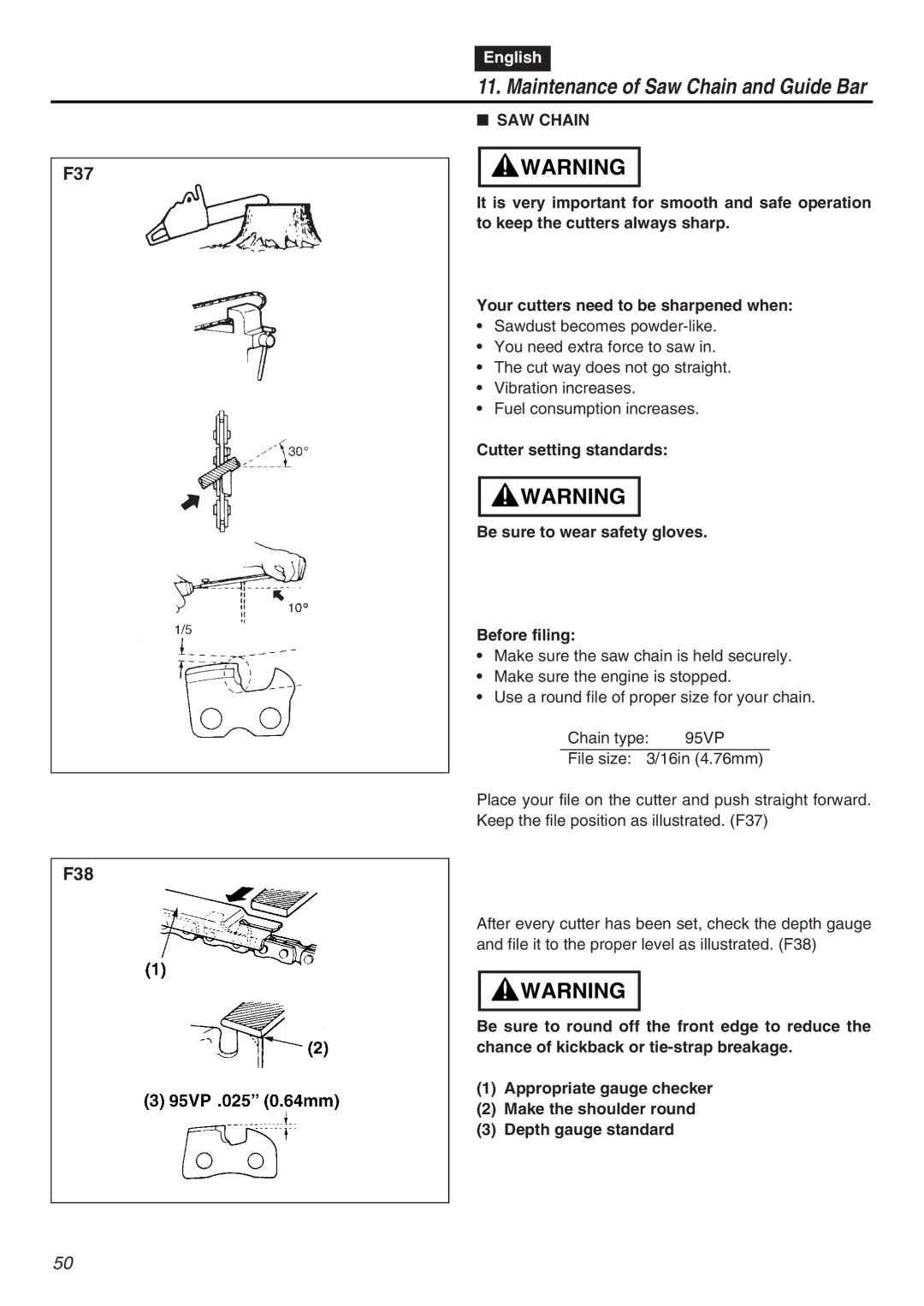 Zenoah GZ4500 manual Maintenance of Saw Chain and Guide Bar, SAW Chain 