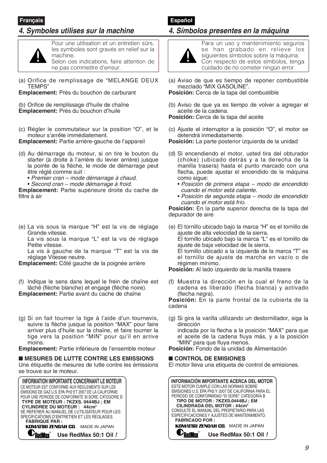 Zenoah GZ4500 manual Information Importante Concernant LE Moteur, Control DE Emisiones 