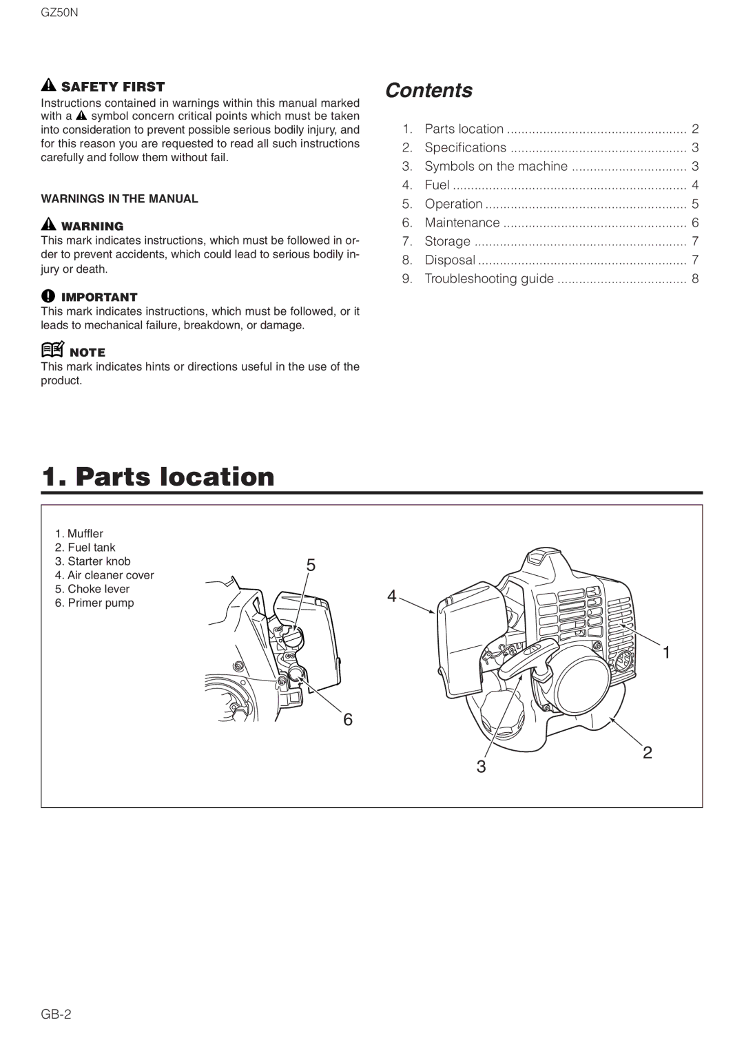 Zenoah GZ50N owner manual Parts location, Contents 