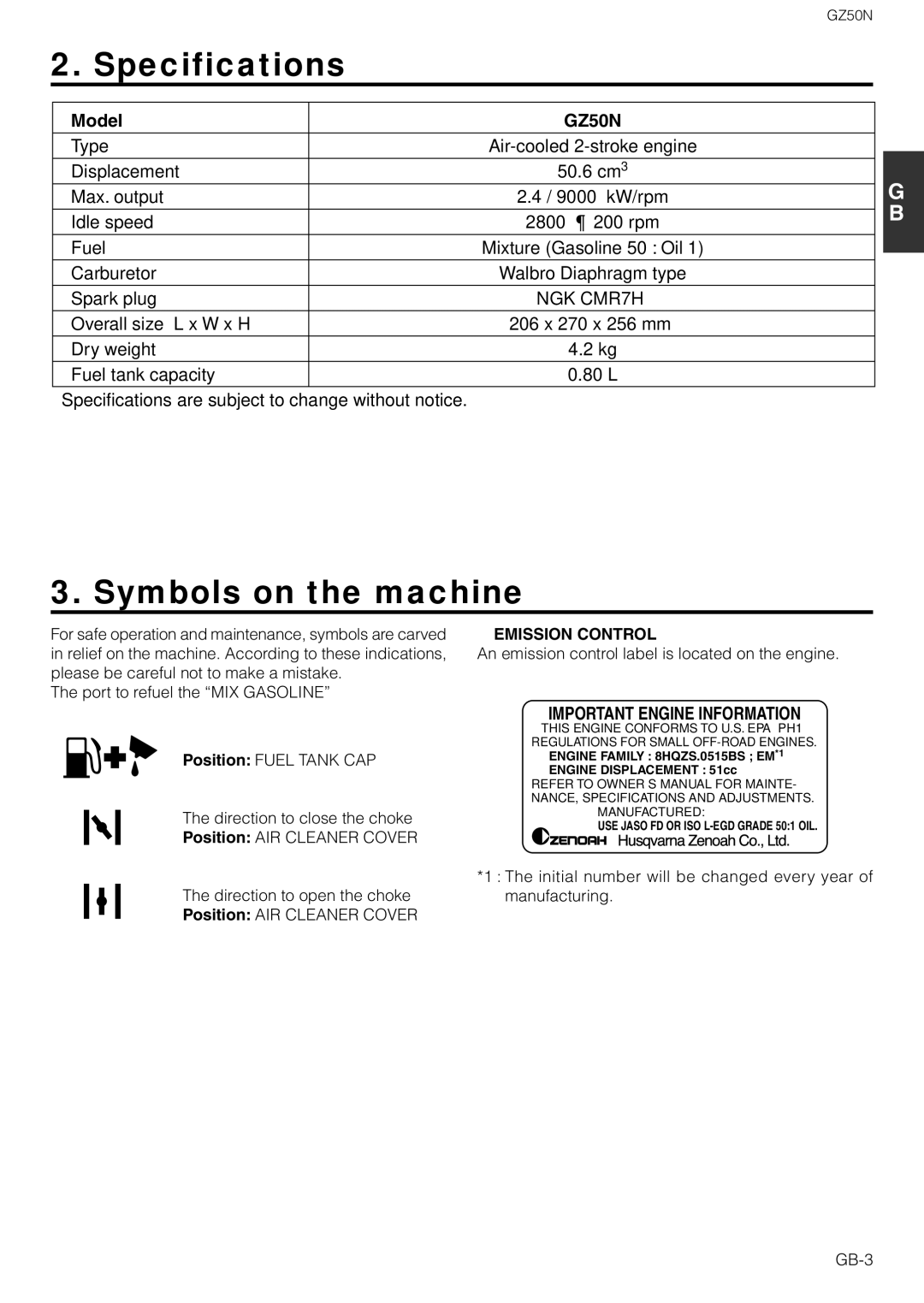 Zenoah GZ50N owner manual Specifications, Symbols on the machine, Emission Control 