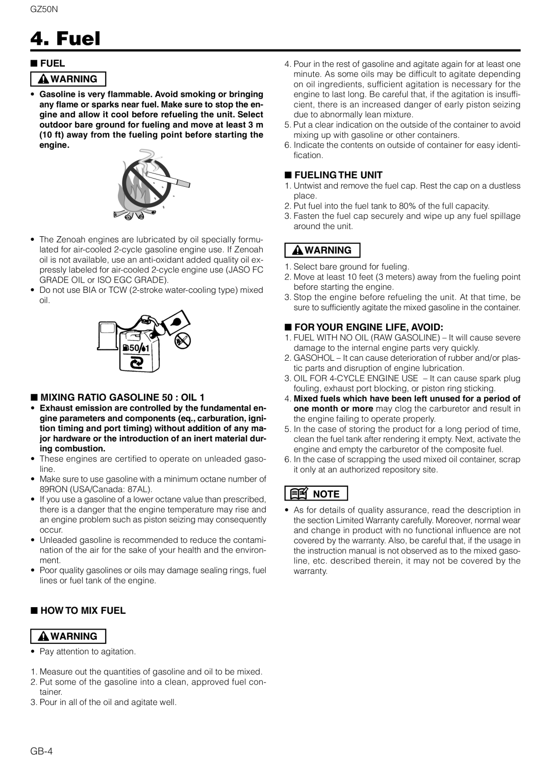 Zenoah GZ50N owner manual Fuel 