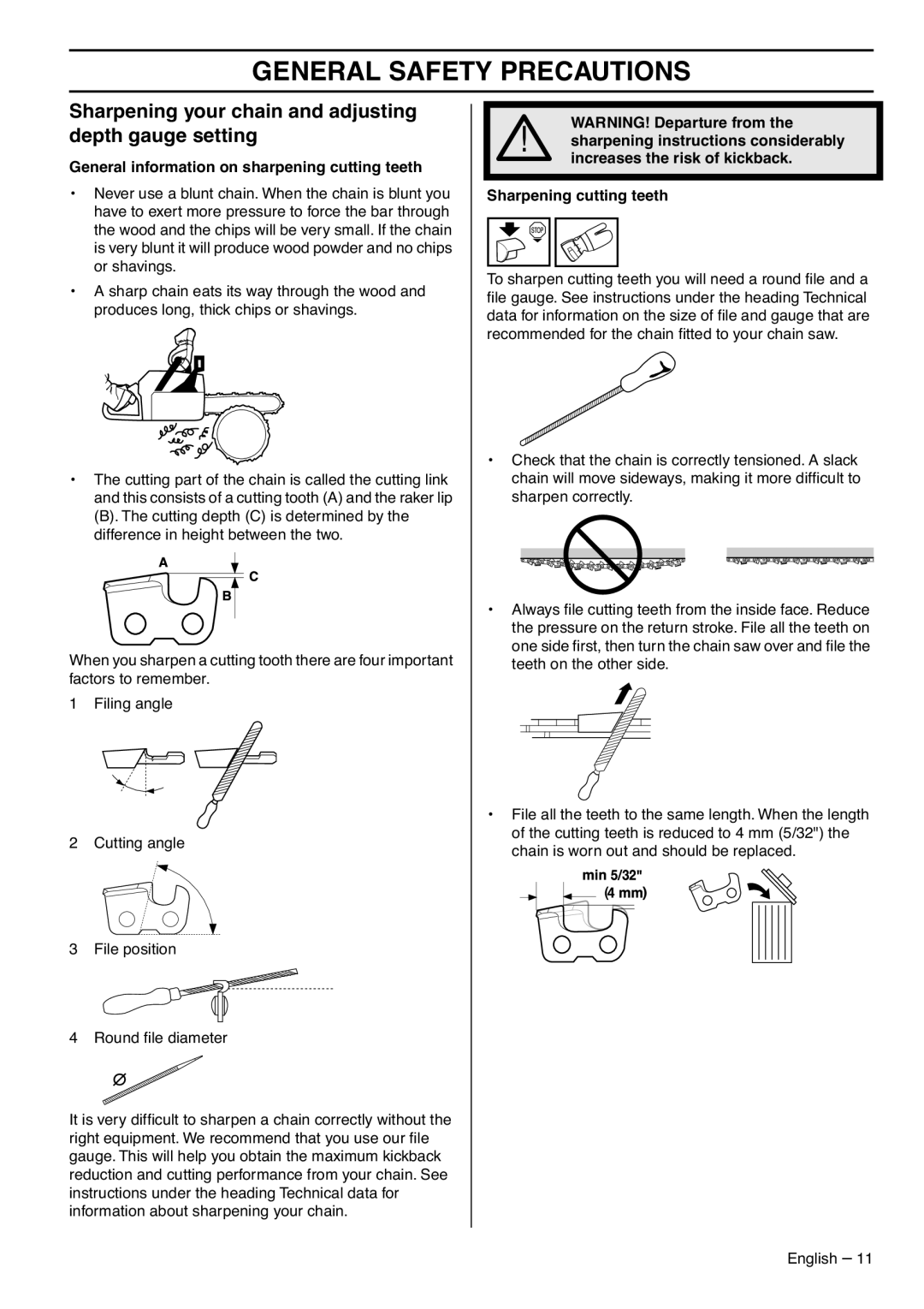 Zenoah GZ7000 Sharpening your chain and adjusting depth gauge setting, General information on sharpening cutting teeth 