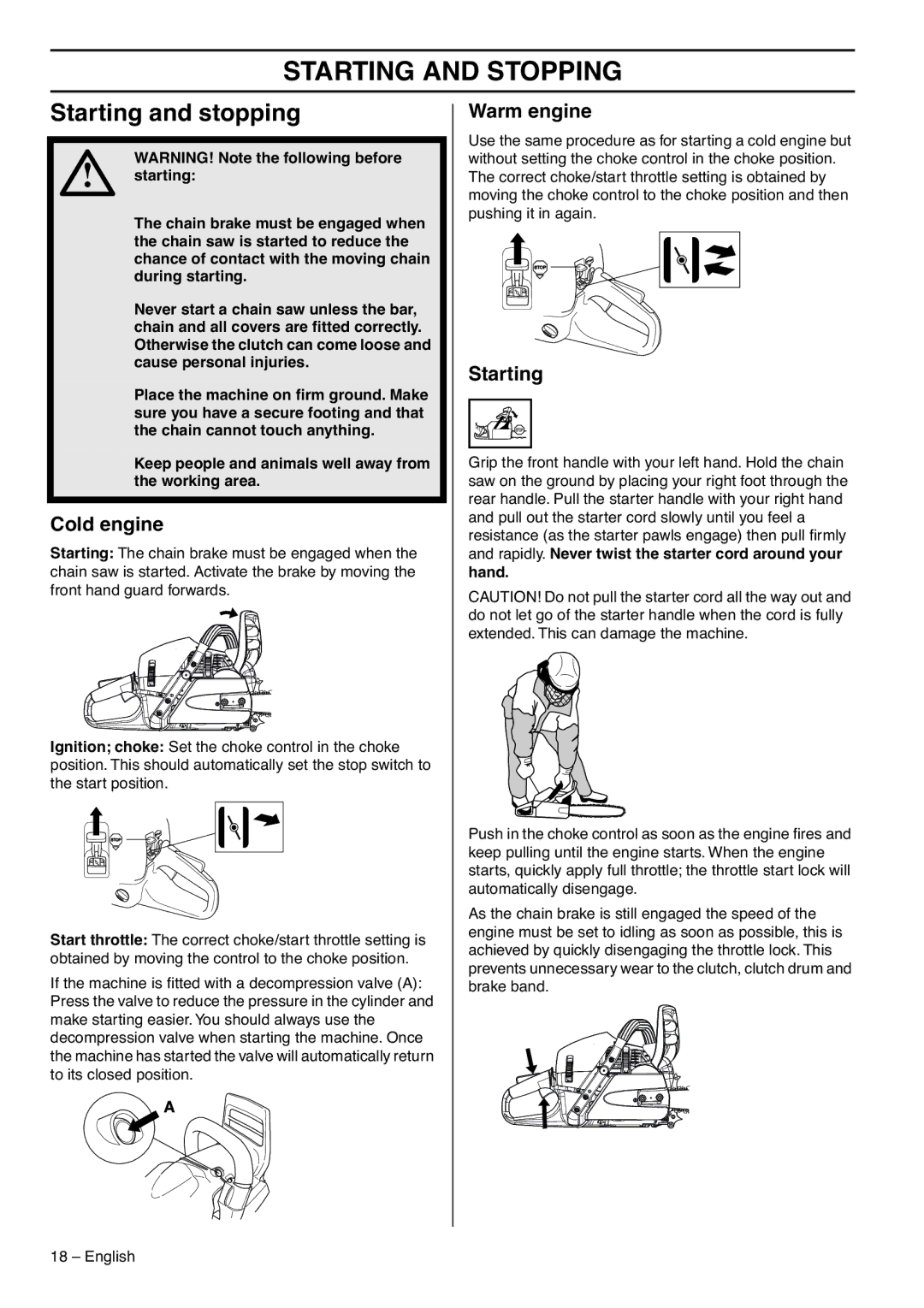 Zenoah GZ7000 manual Starting and Stopping, Starting and stopping, Cold engine, Warm engine 