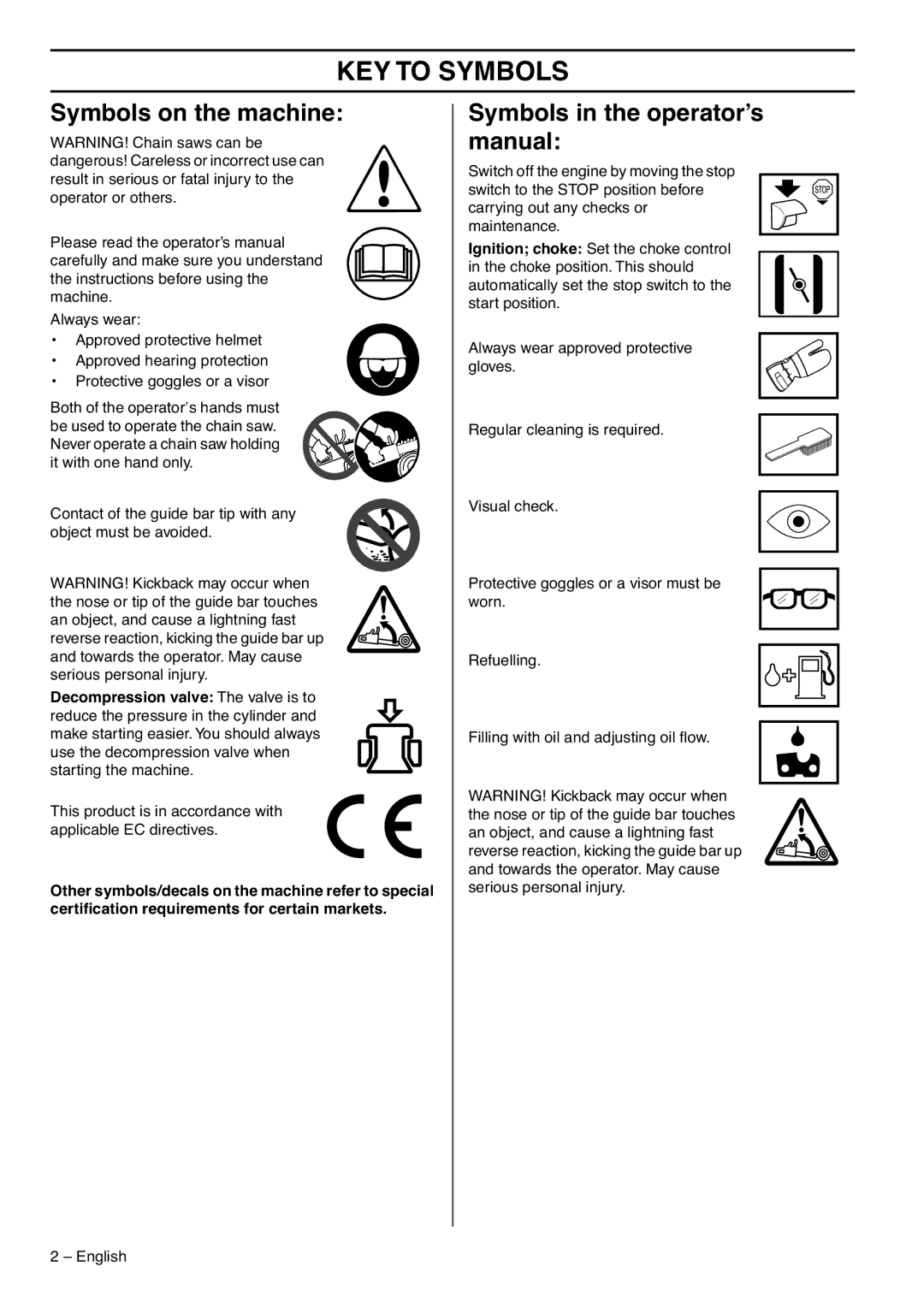 Zenoah GZ7000 KEY to Symbols, Symbols on the machine, Symbols in the operator’s manual 