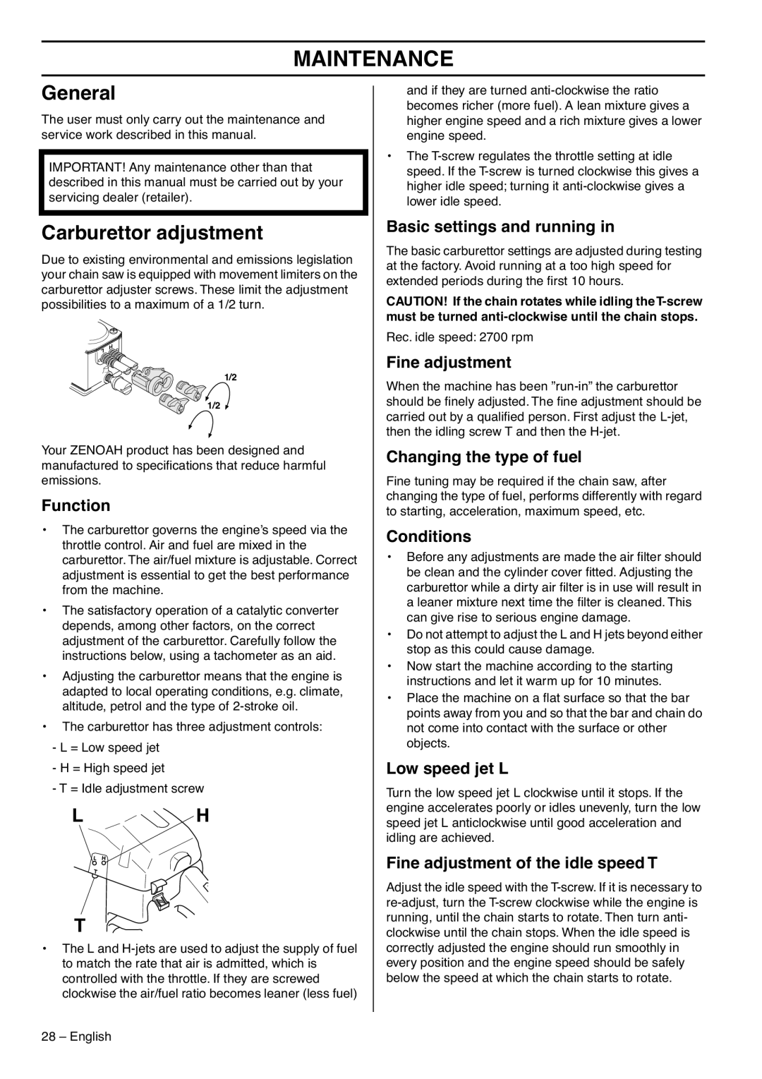 Zenoah GZ7000 manual Maintenance, General, Carburettor adjustment 