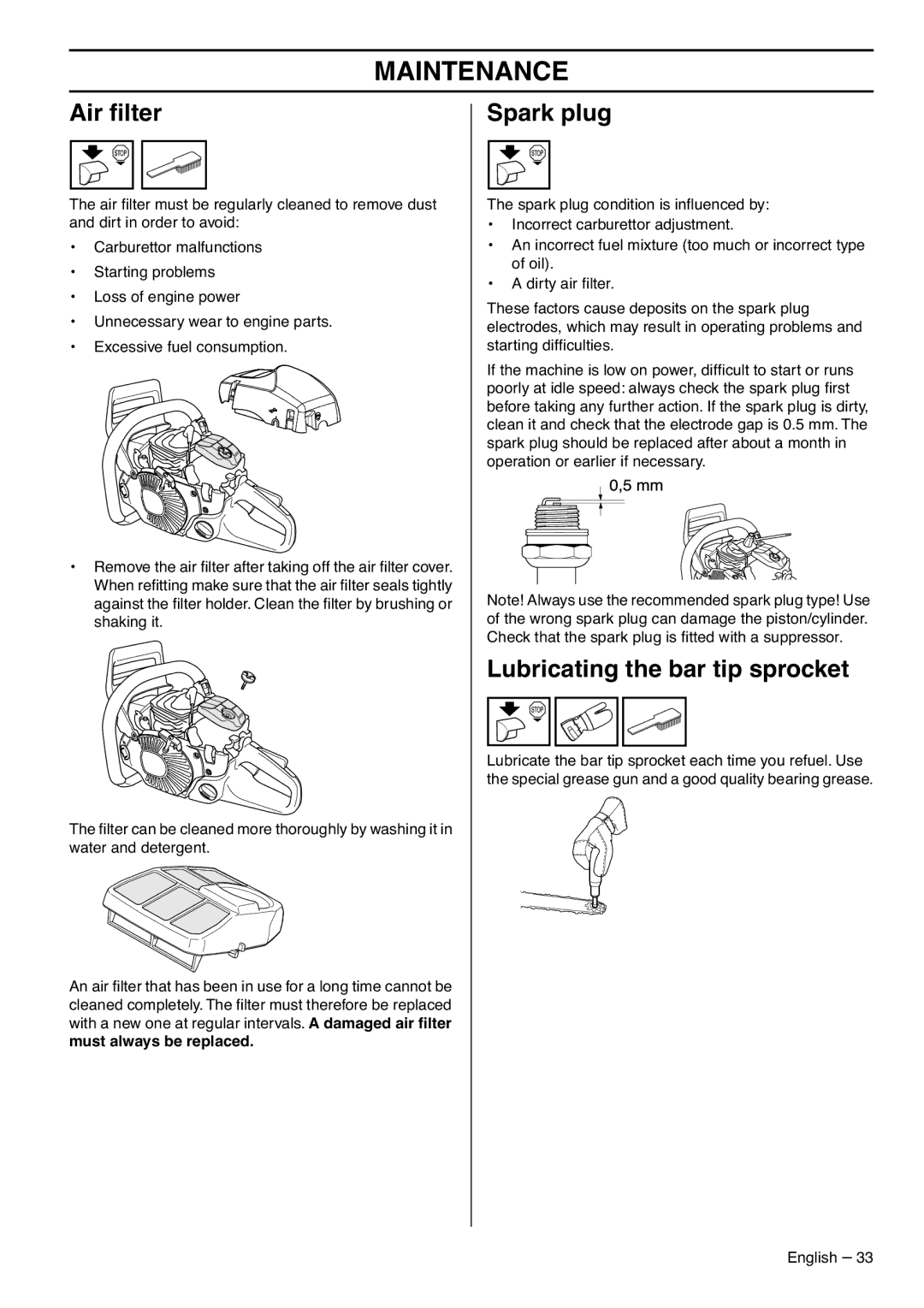 Zenoah GZ7000 manual Air ﬁlter, Spark plug, Lubricating the bar tip sprocket, Must always be replaced 