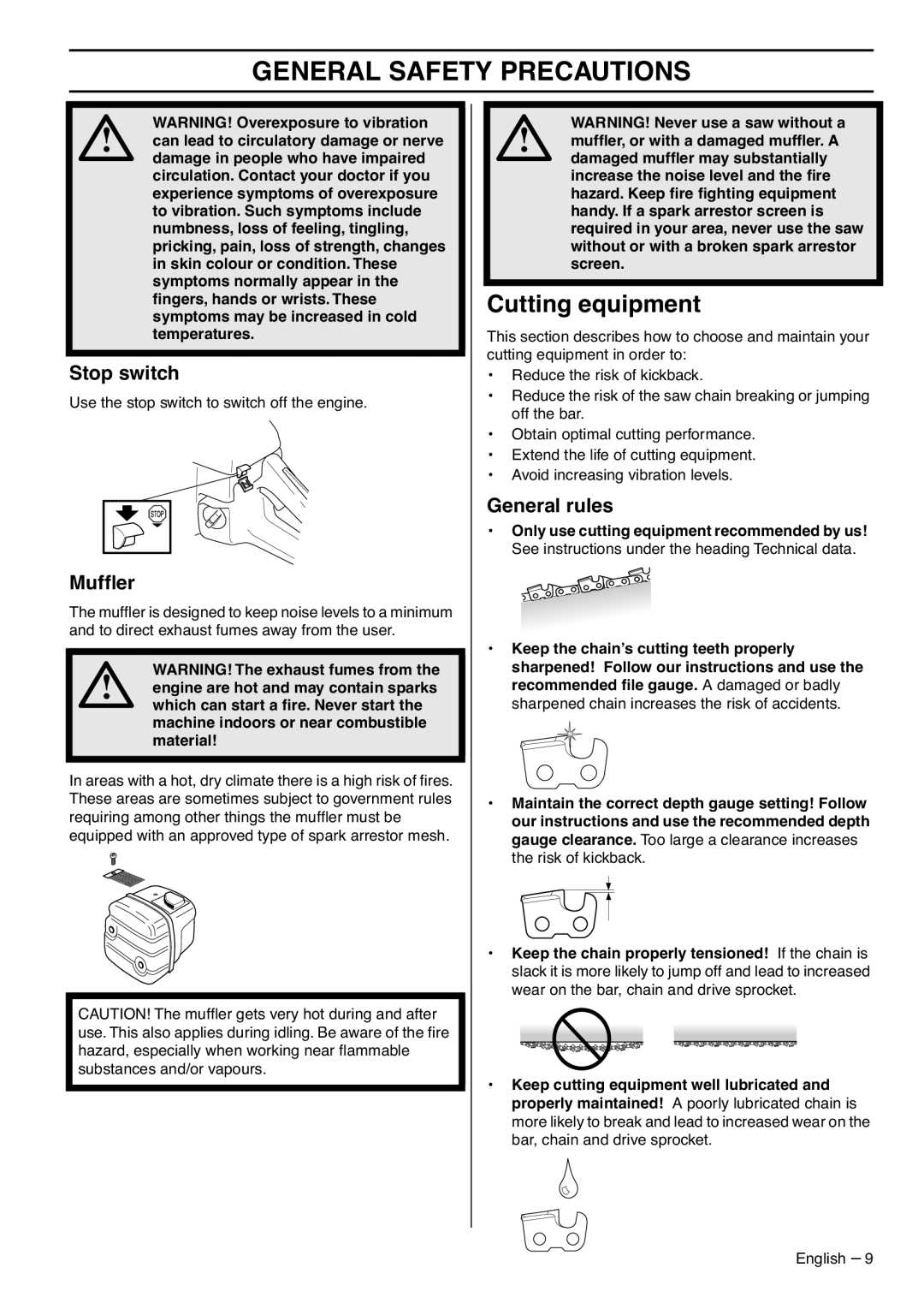 Zenoah GZ7000 manual Cutting equipment, Stop switch, Mufﬂer, General rules 
