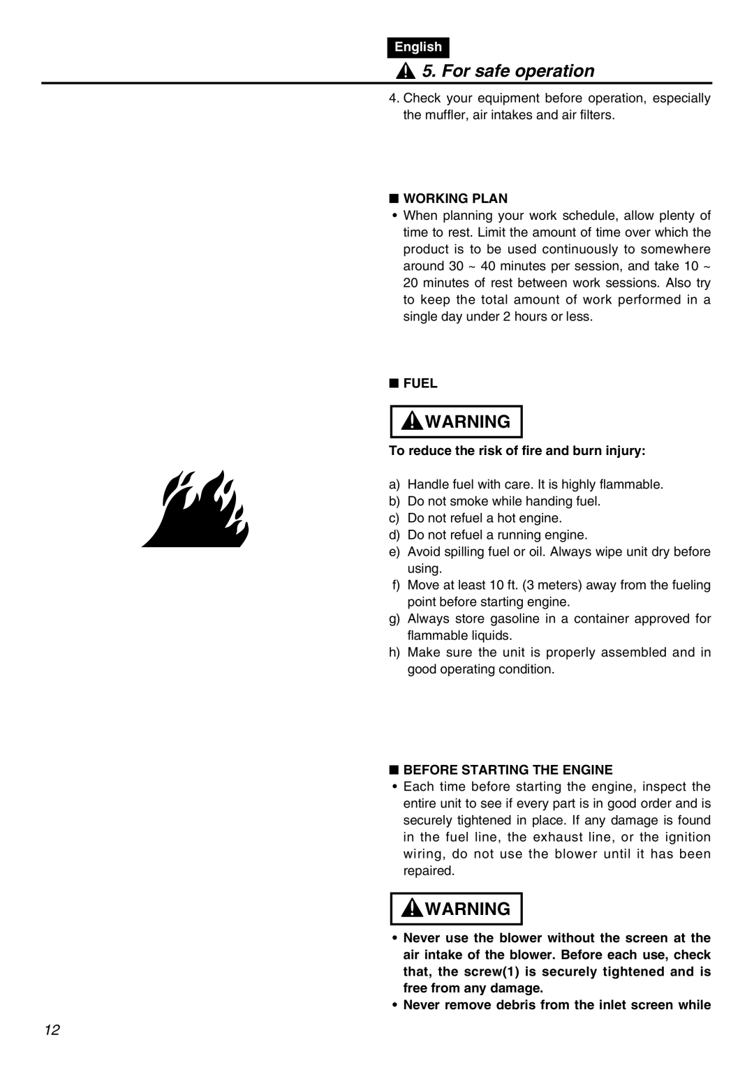 Zenoah HB2302 manual Working Plan, Fuel, To reduce the risk of fire and burn injury, Before Starting the Engine 