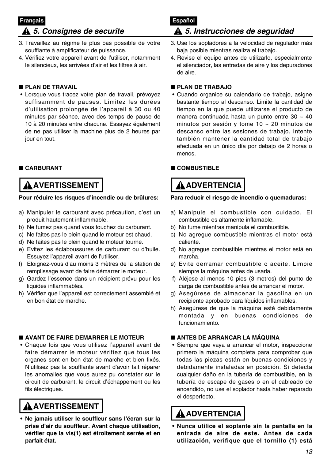 Zenoah HB2302 manual Plan DE Travail, Carburant, Avant DE Faire Demarrer LE Moteur, Plan DE Trabajo, Combustible 