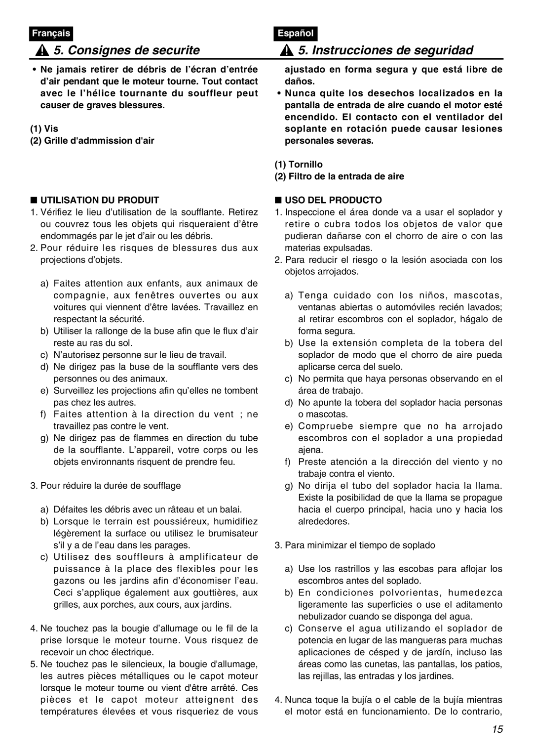 Zenoah HB2302 manual Utilisation DU Produit, USO DEL Producto 