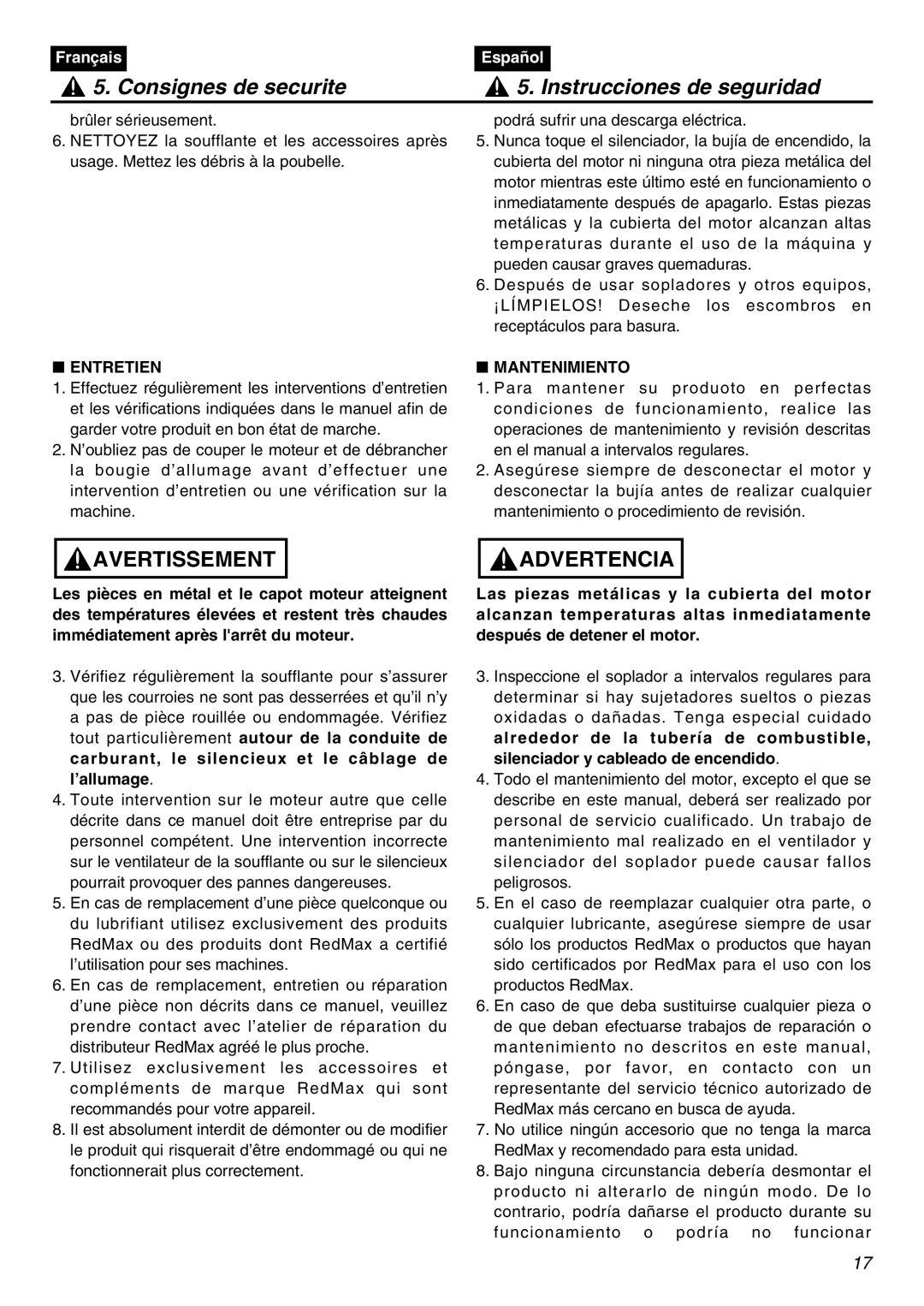 Zenoah HB2302 manual Entretien, Mantenimiento 