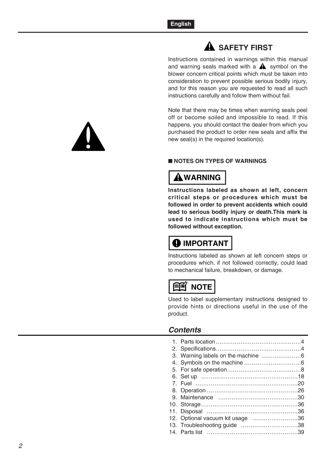 Zenoah HB2302 manual Contents 