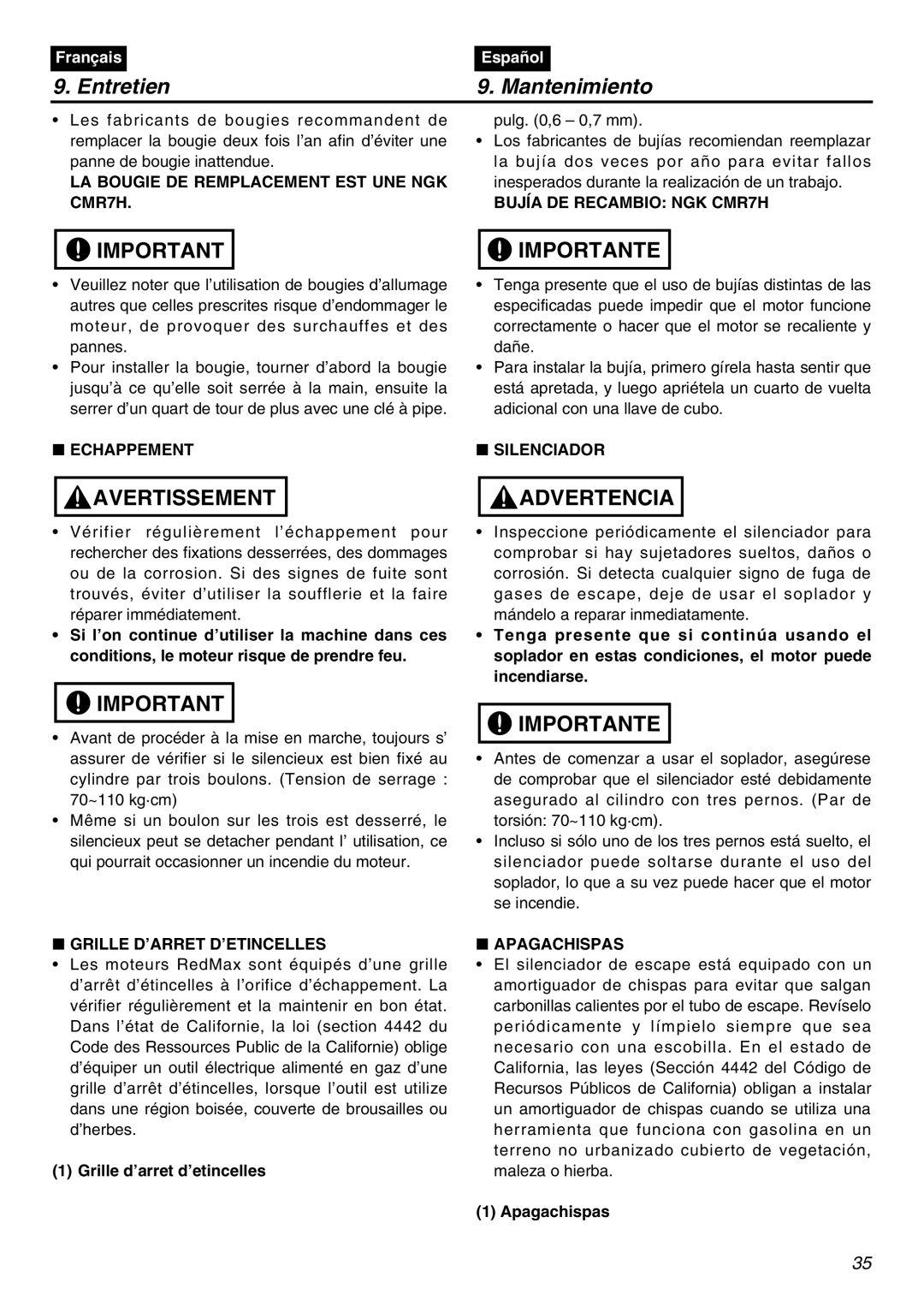 Zenoah HB2302 manual LA Bougie DE Remplacement EST UNE NGK CMR7H, Bujía DE Recambio NGK CMR7H, Echappement, Silenciador 