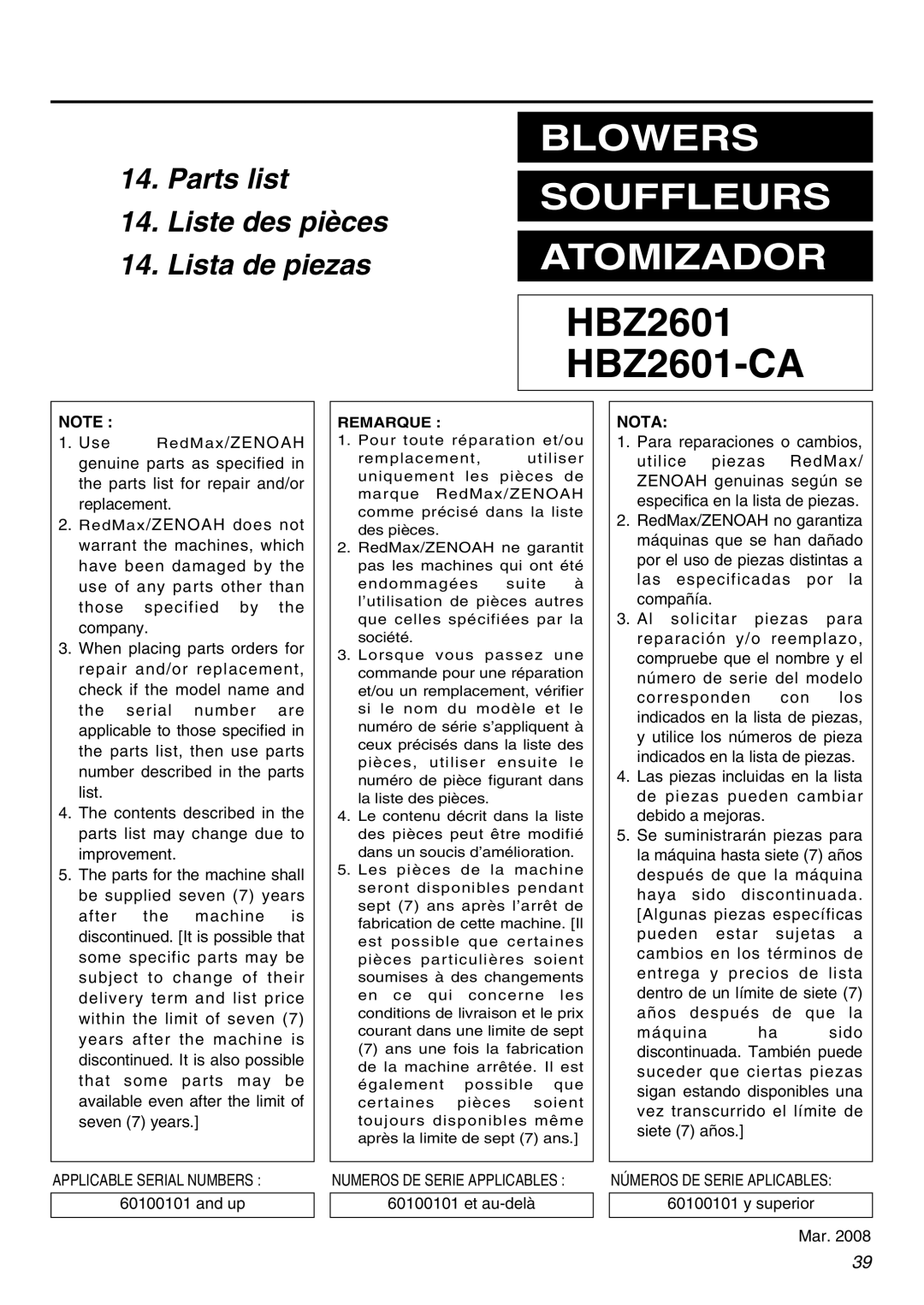 Zenoah HB2302 manual HBZ2601 HBZ2601-CA, Nota 