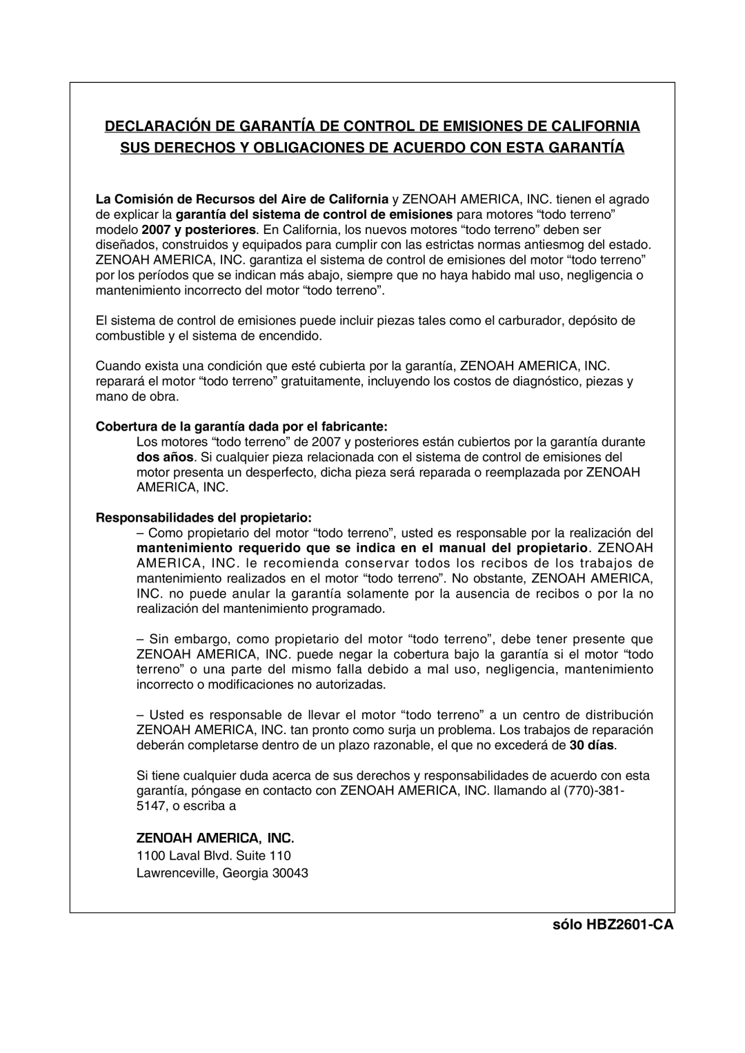 Zenoah HB2302 manual Cobertura de la garantía dada por el fabricante, Responsabilidades del propietario 