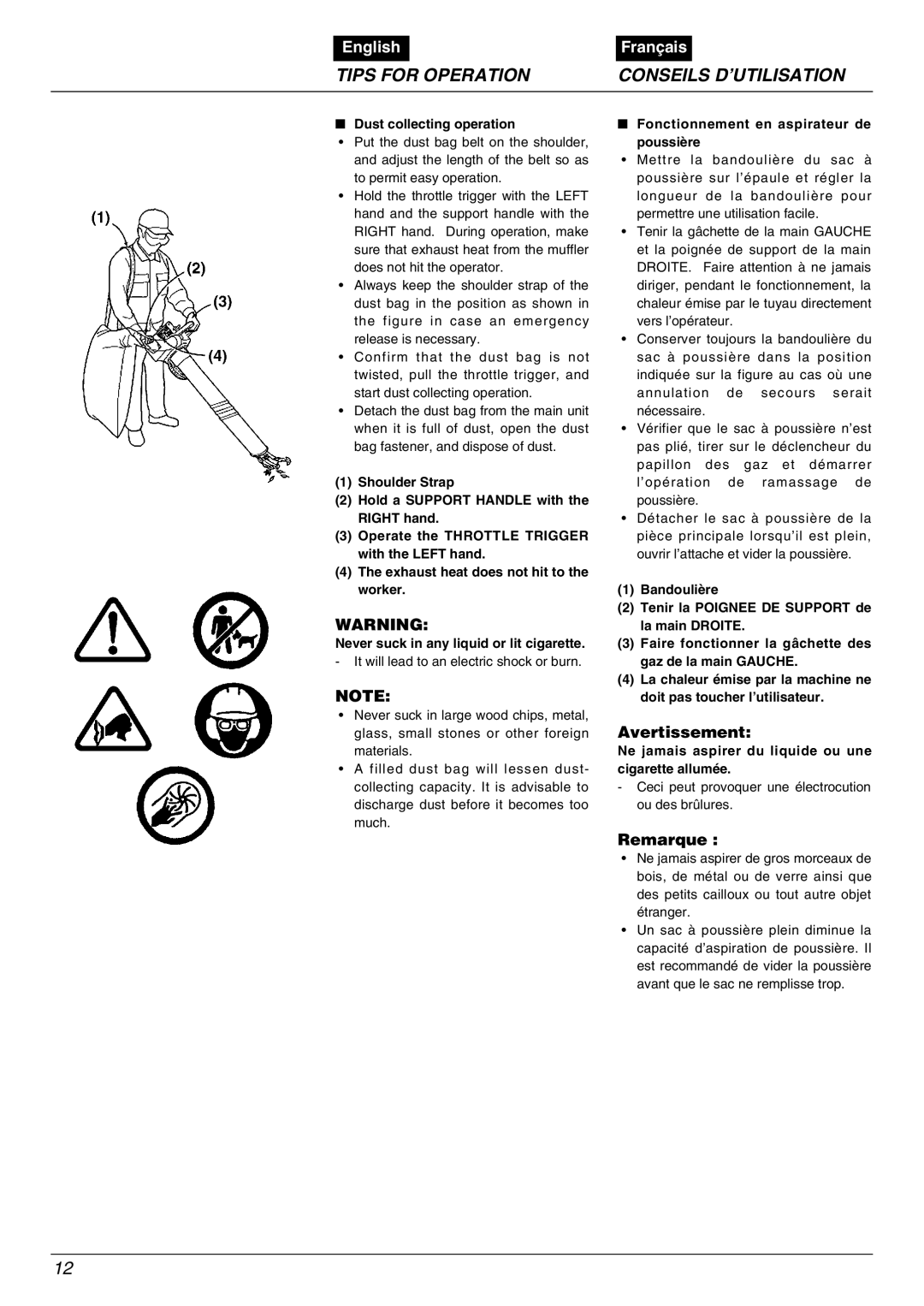 Zenoah HB2302EZ, HB2311EZ, HB2301EZ, HBZ2600 warranty Tips for Operation Conseils D’UTILISATION, Dust collecting operation 