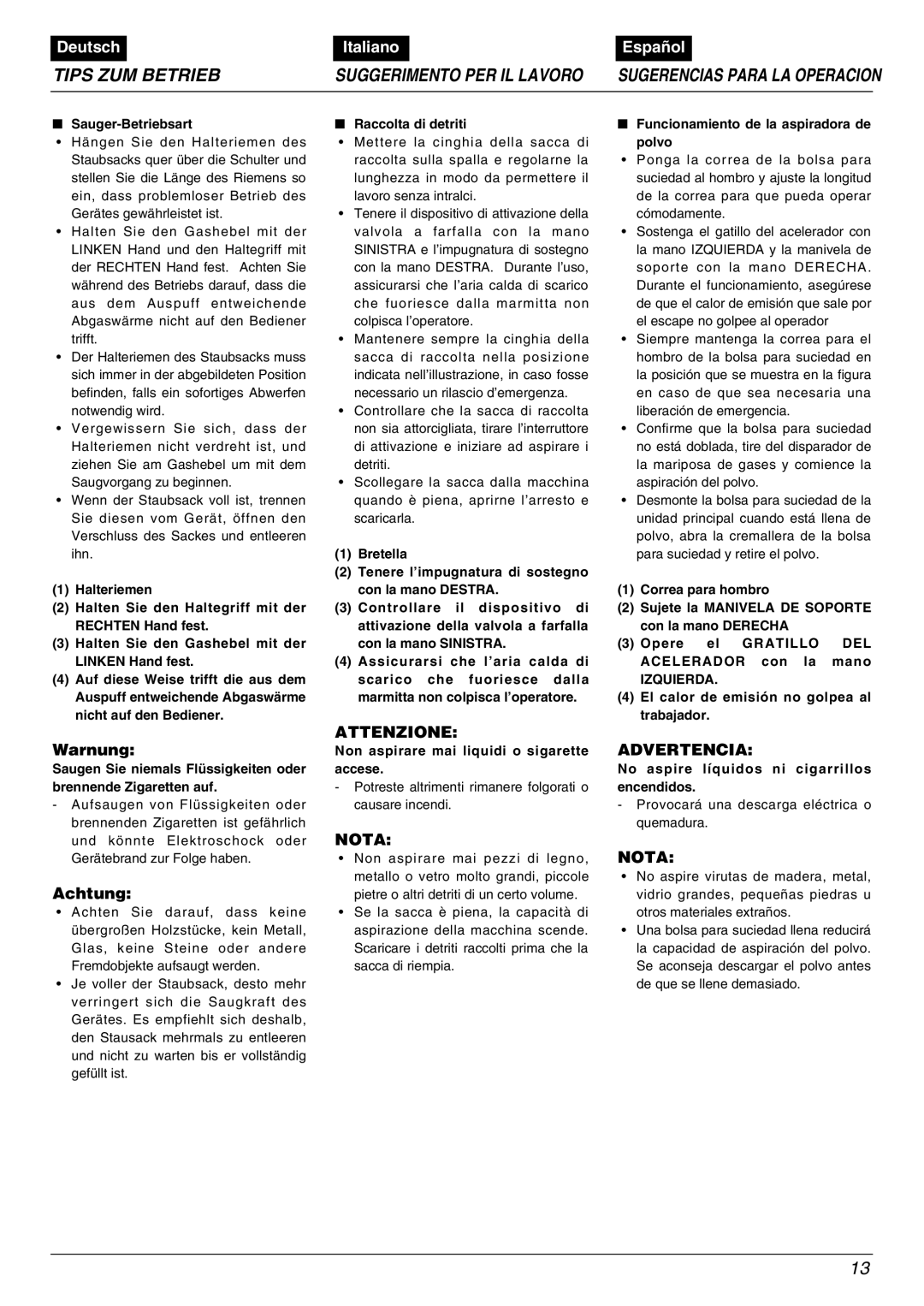 Zenoah HB2301EZ, HB2311EZ, HB2302EZ, HBZ2600 warranty Tips ZUM Betrieb, Warnung, Izquierda 