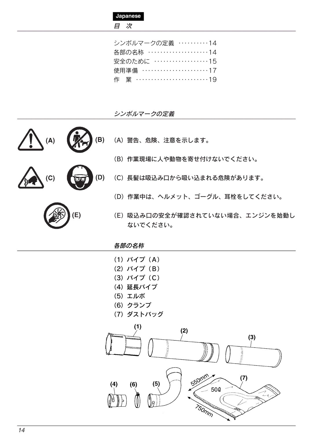 Zenoah HBZ2600, HB2311EZ, HB2302EZ, HB2301EZ warranty 各部の名称 