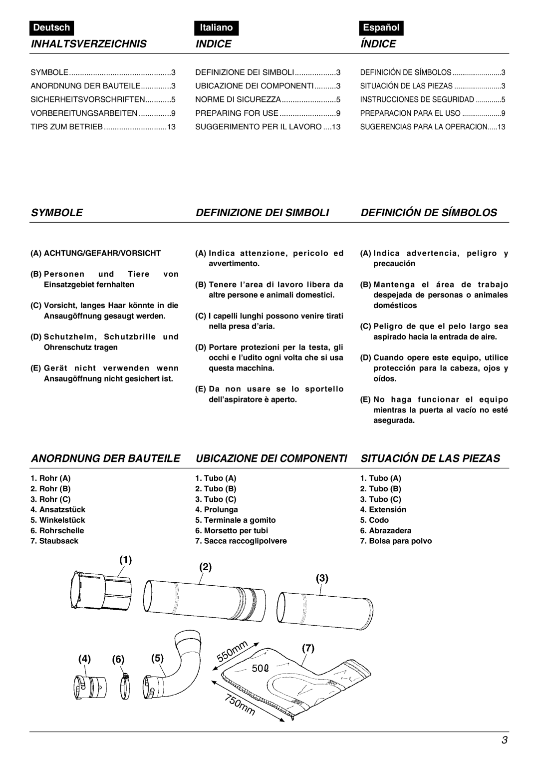 Zenoah HB2301EZ, HB2311EZ, HBZ2600 Inhaltsverzeichnis Indice Índice, Symbole Definizione DEI Simboli Definición DE Símbolos 