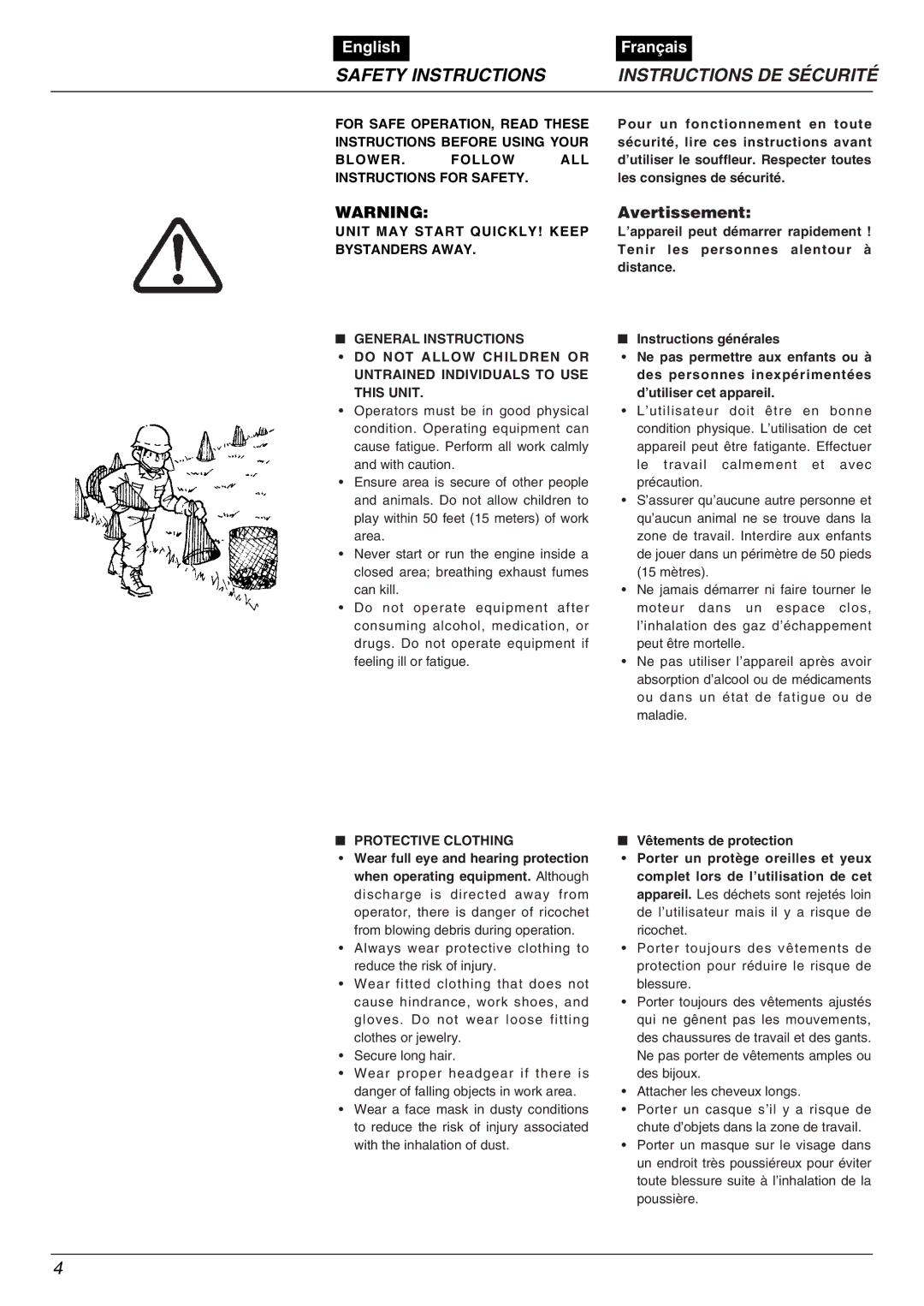 Zenoah HBZ2600 Safety Instructions Instructions DE Sécurité, Avertissement, Unit MAY Start QUICKLY! Keep Bystanders Away 