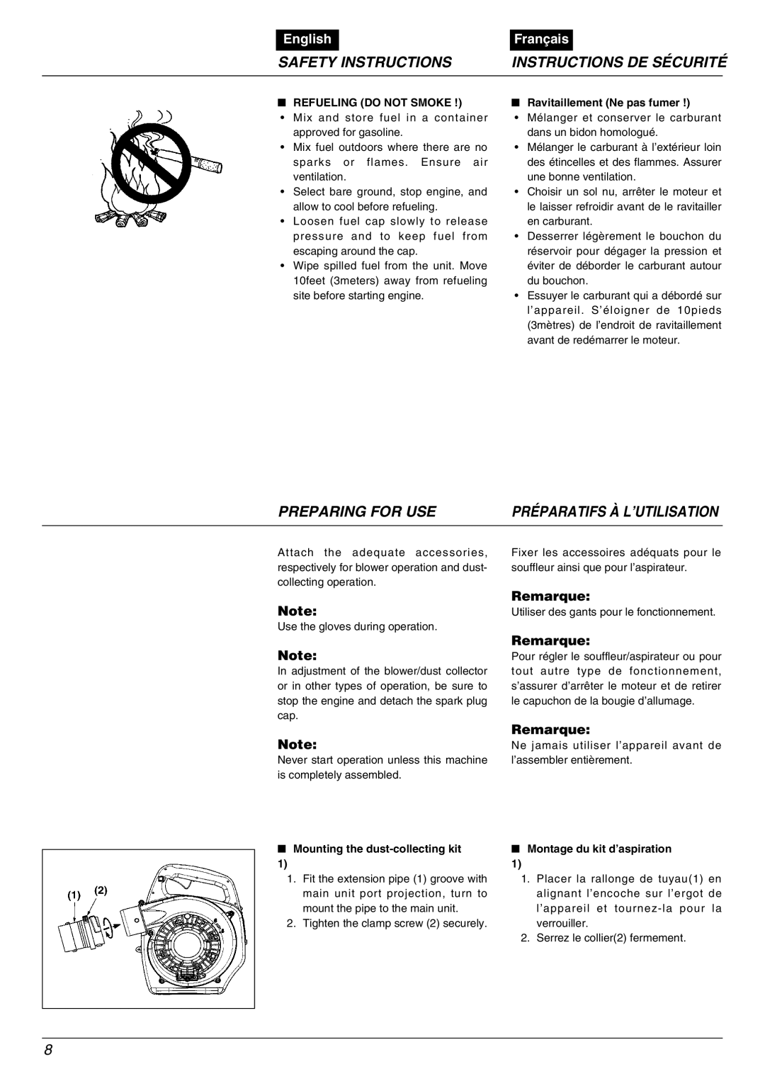 Zenoah HB2301EZ, HB2311EZ, HB2302EZ warranty Preparing for USE, Remarque, Refueling do not Smoke, Ravitaillement Ne pas fumer 