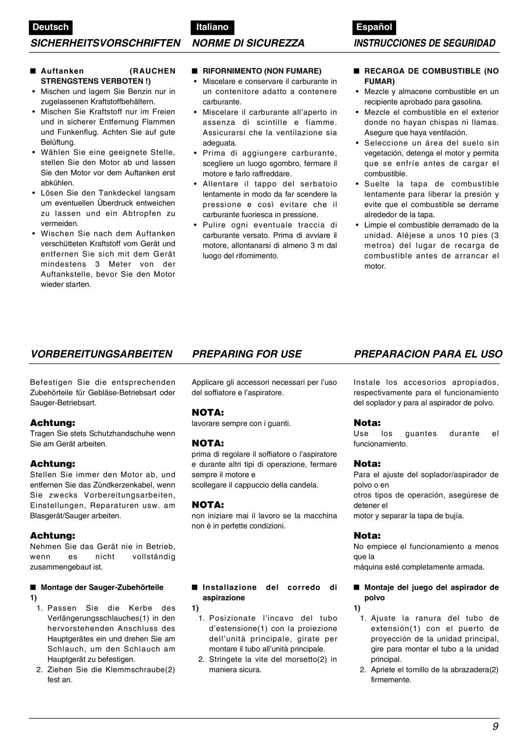 Zenoah HBZ2600, HB2311EZ Nota, Rauchen, Strengstens Verboten, Rifornimento NON Fumare, Recarga DE Combustible no Fumar 