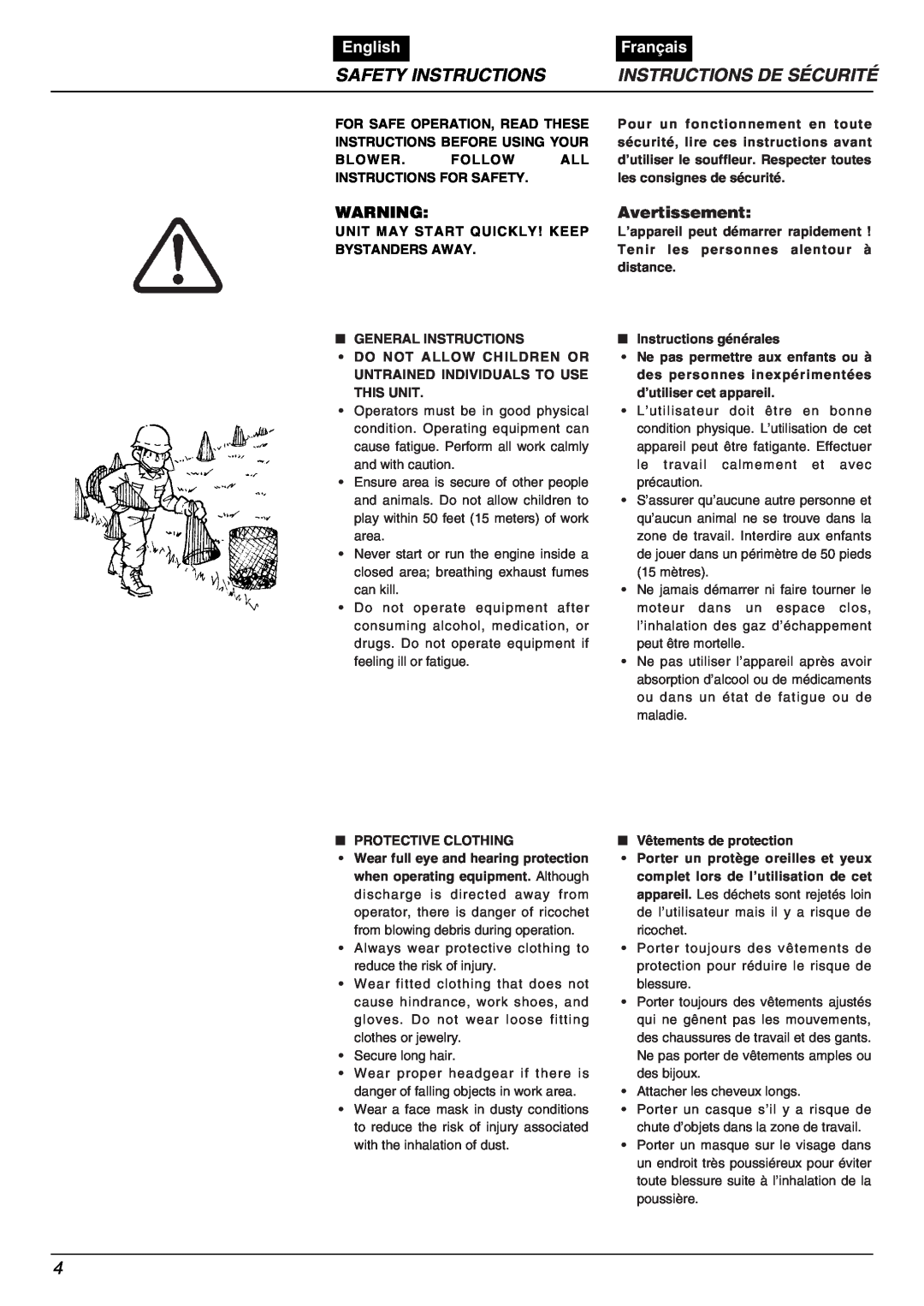 Zenoah HBZ2600, HB2311EZ, HB2301, HB2302EZ Safety Instructions, Instructions De Sécurité, English, Français, Avertissement 