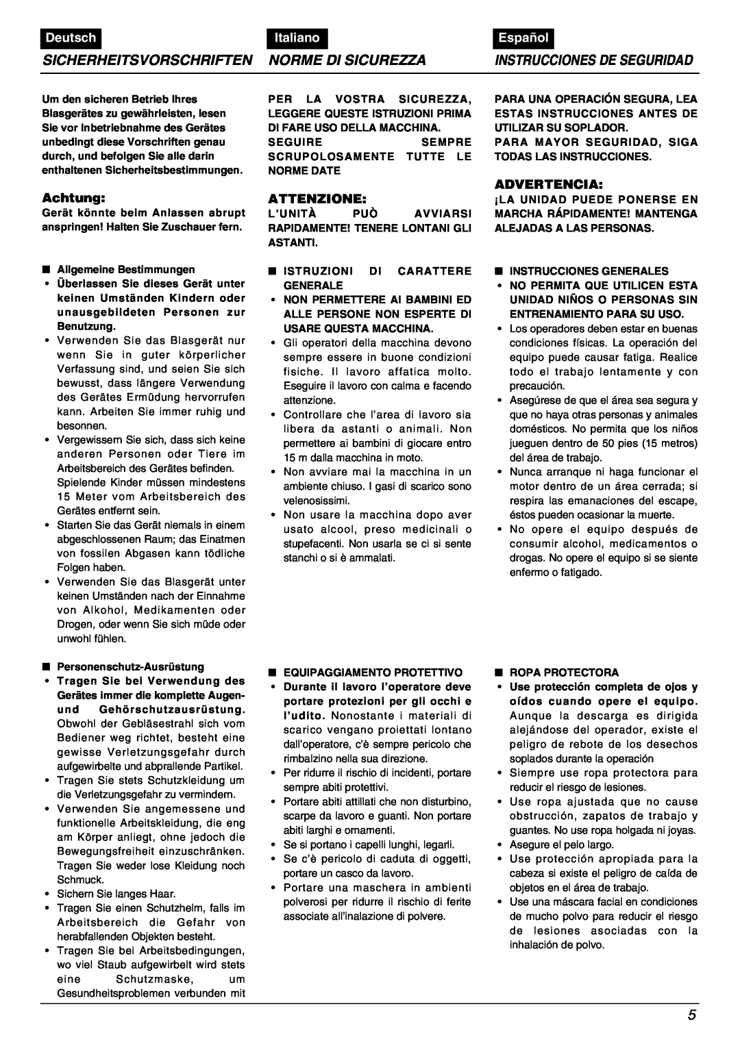 Zenoah HB2311EZ Sicherheitsvorschriften, Norme Di Sicurezza, Deutsch, Italiano, Español, Achtung, Attenzione, Advertencia 