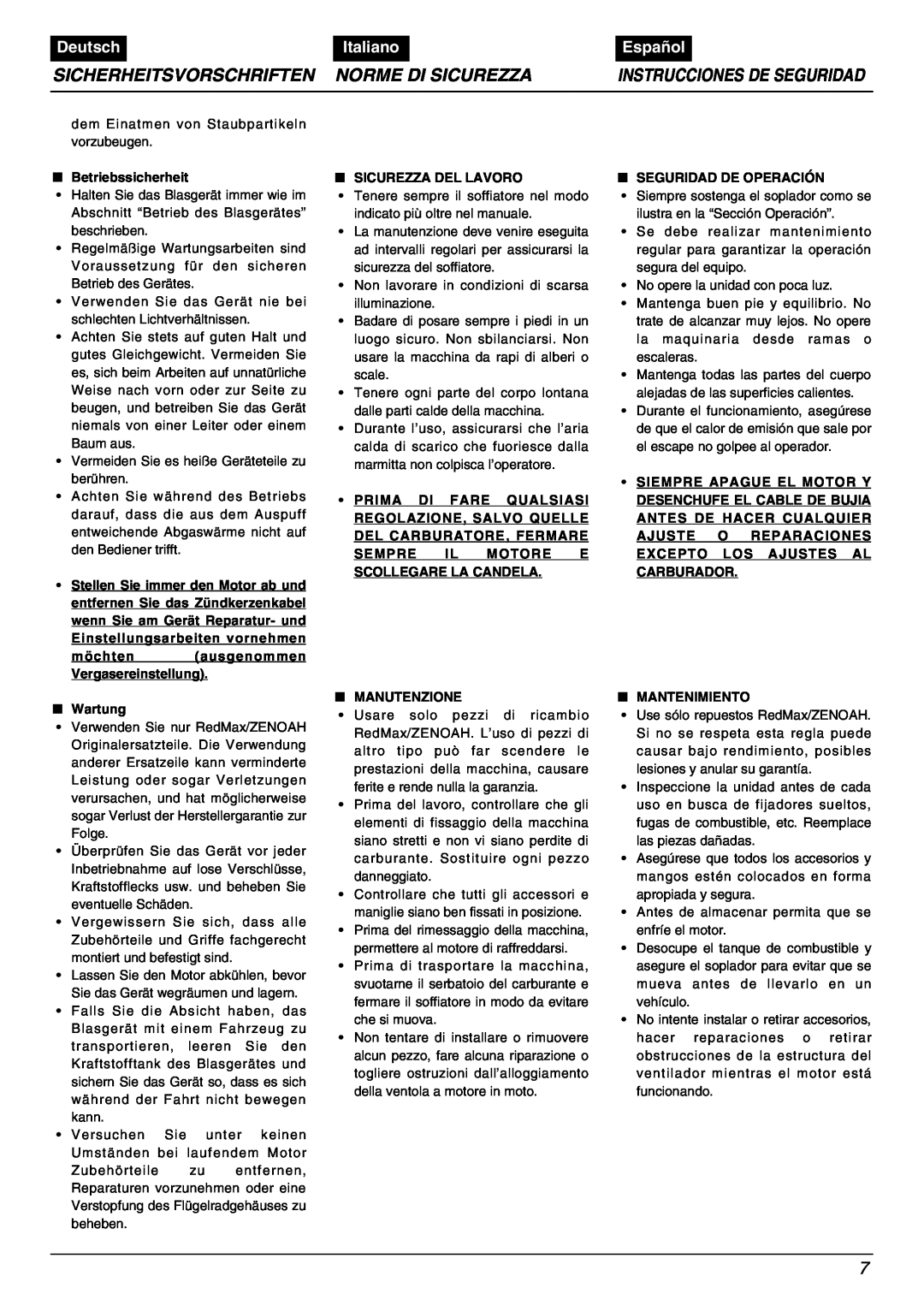 Zenoah HB2302EZ Sicherheitsvorschriften, Norme Di Sicurezza, Deutsch, Italiano, Español, Instrucciones De Seguridad 