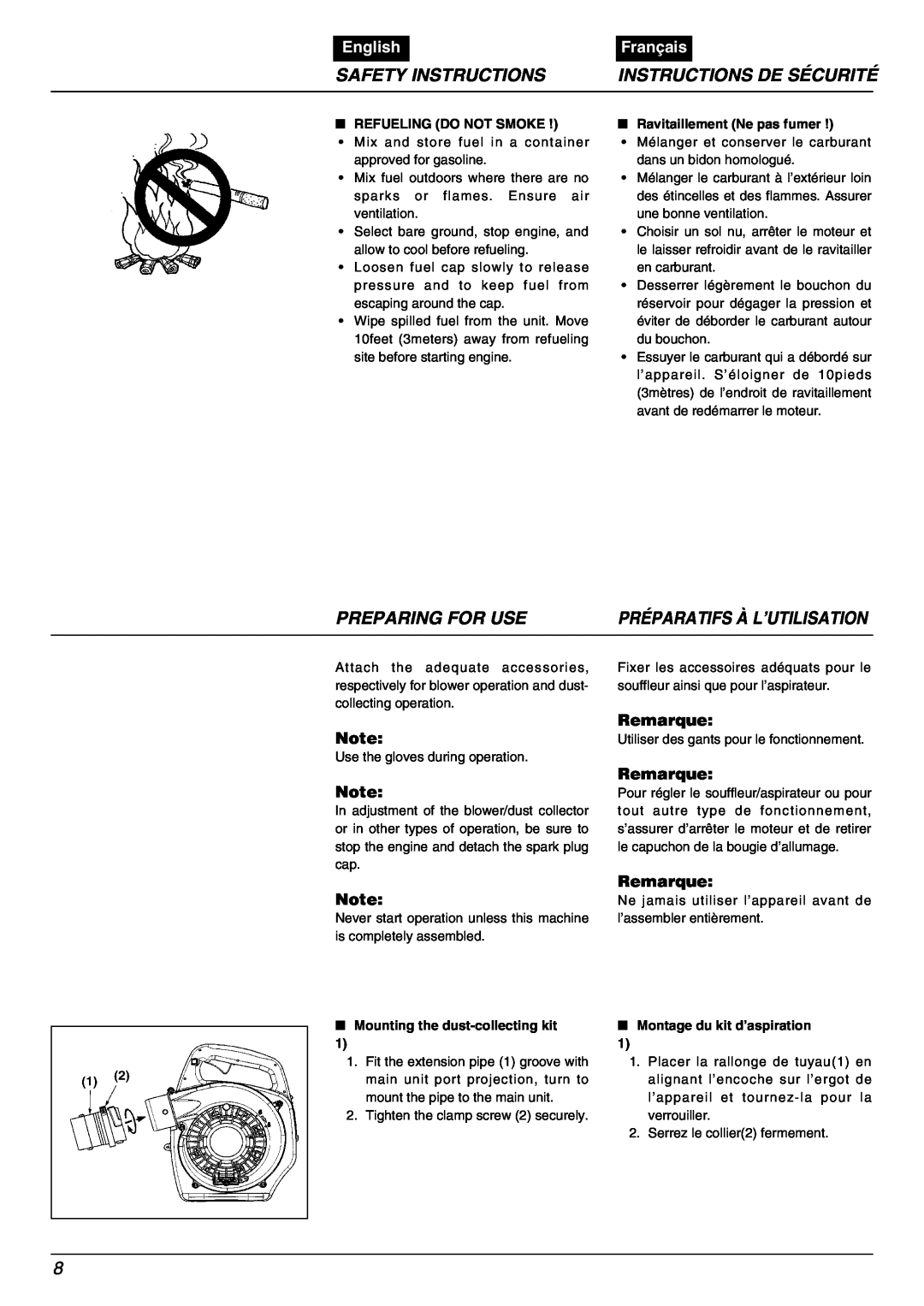 Zenoah HB2301EZ, HB2311EZ Preparing For Use, Safety Instructions, Instructions De Sécurité, English, Français, Remarque 