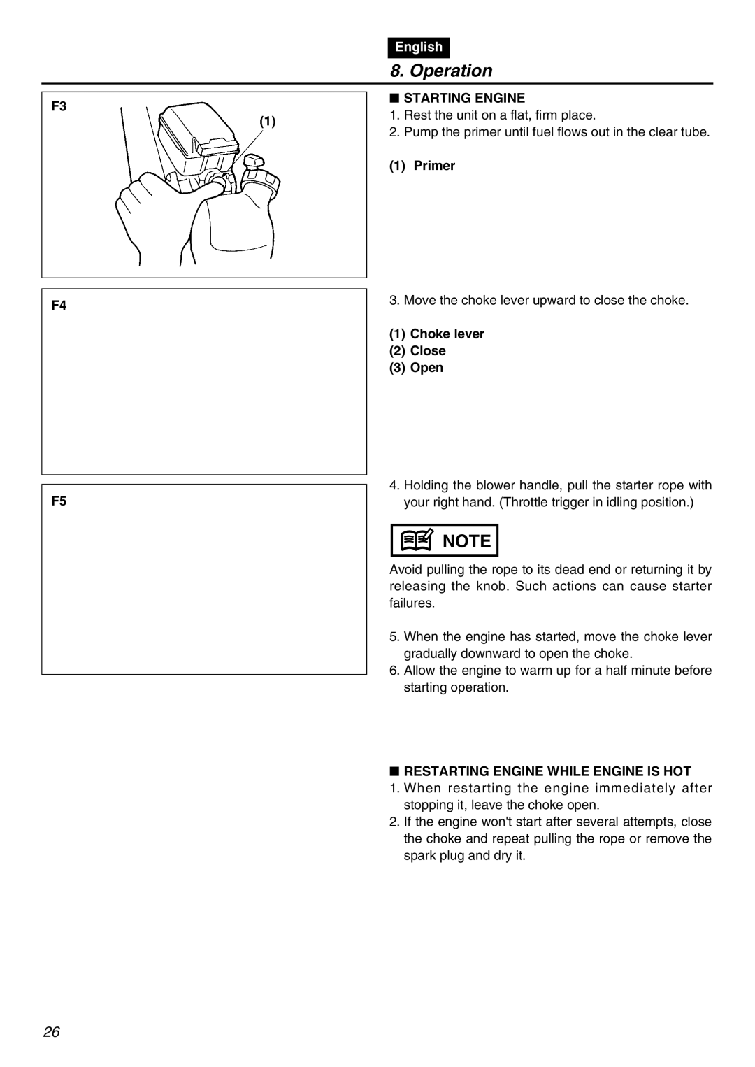 Zenoah HBZ2601-CA manual Operation, Starting Engine, Primer, Choke lever Close Open, Restarting Engine While Engine is HOT 