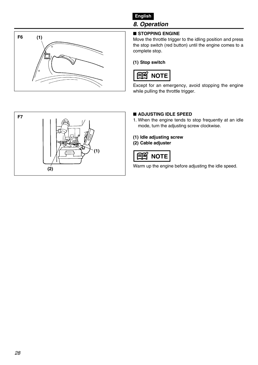 Zenoah HBZ2601-CA manual Stopping Engine, Adjusting Idle Speed, Idle adjusting screw Cable adjuster 