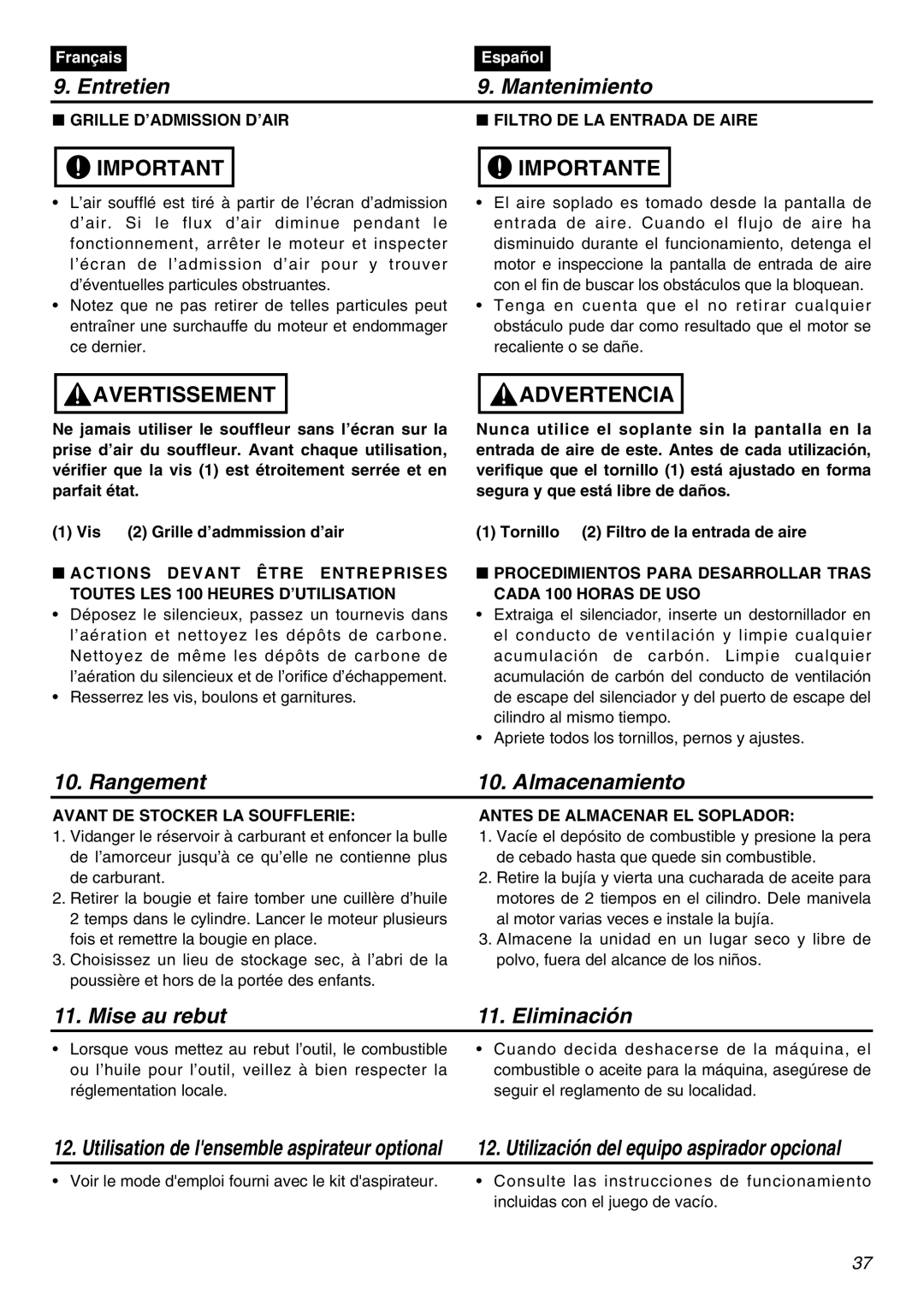 Zenoah HBZ2601-CA manual Rangement Almacenamiento, Mise au rebut Eliminación, Avant DE Stocker LA Soufflerie 