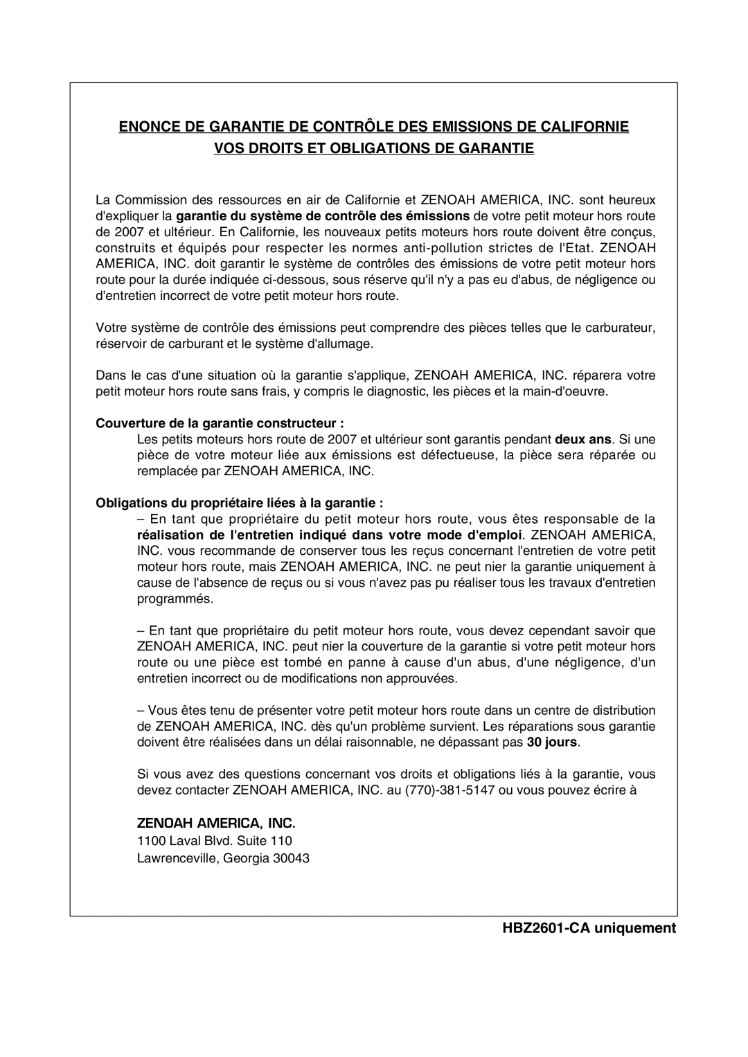 Zenoah HBZ2601-CA manual Couverture de la garantie constructeur, Obligations du propriétaire liées à la garantie 