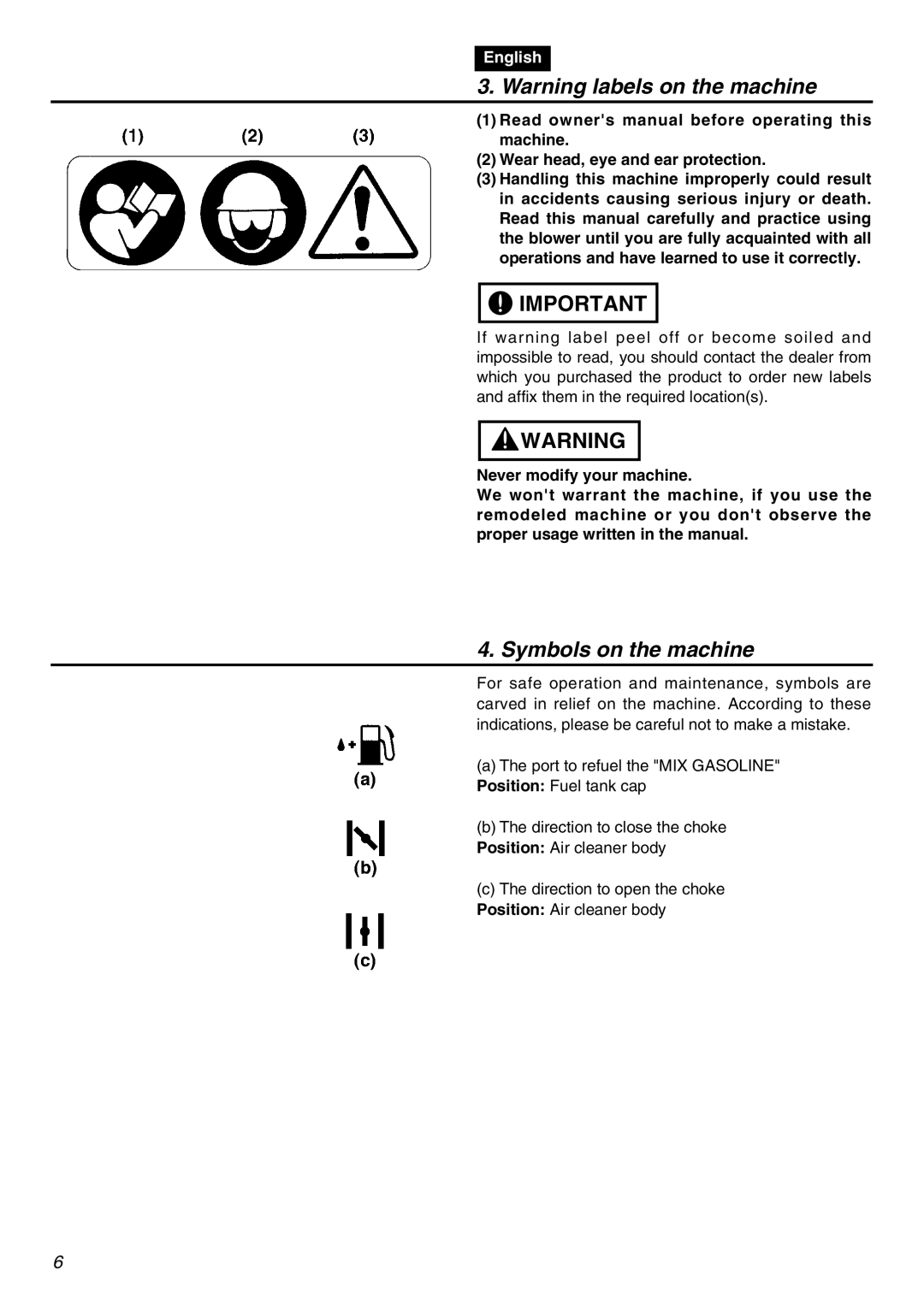 Zenoah HBZ2601-CA manual Symbols on the machine 