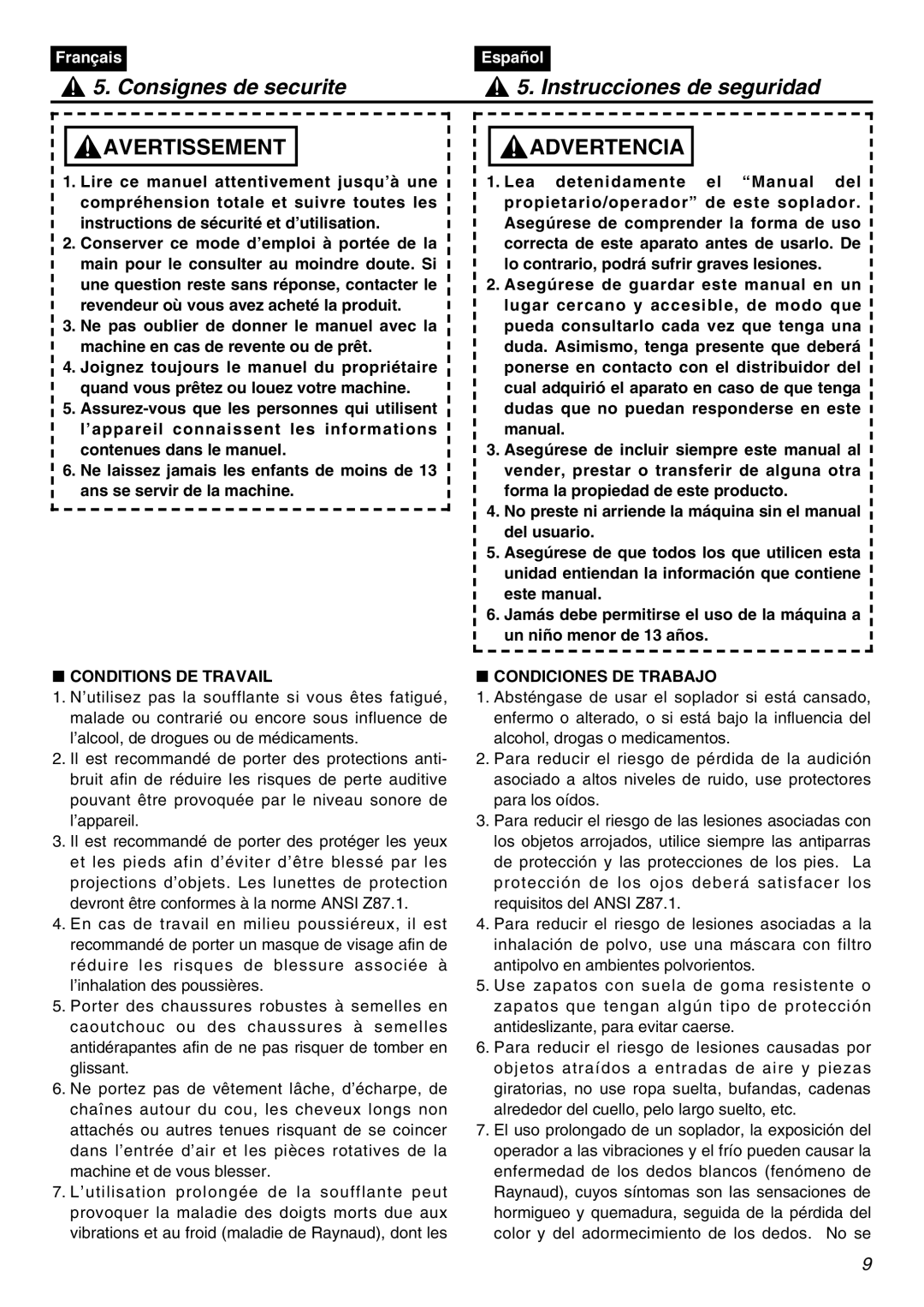 Zenoah HBZ2601-CA manual Consignes de securite Instrucciones de seguridad, Conditions DE Travail, Condiciones DE Trabajo 